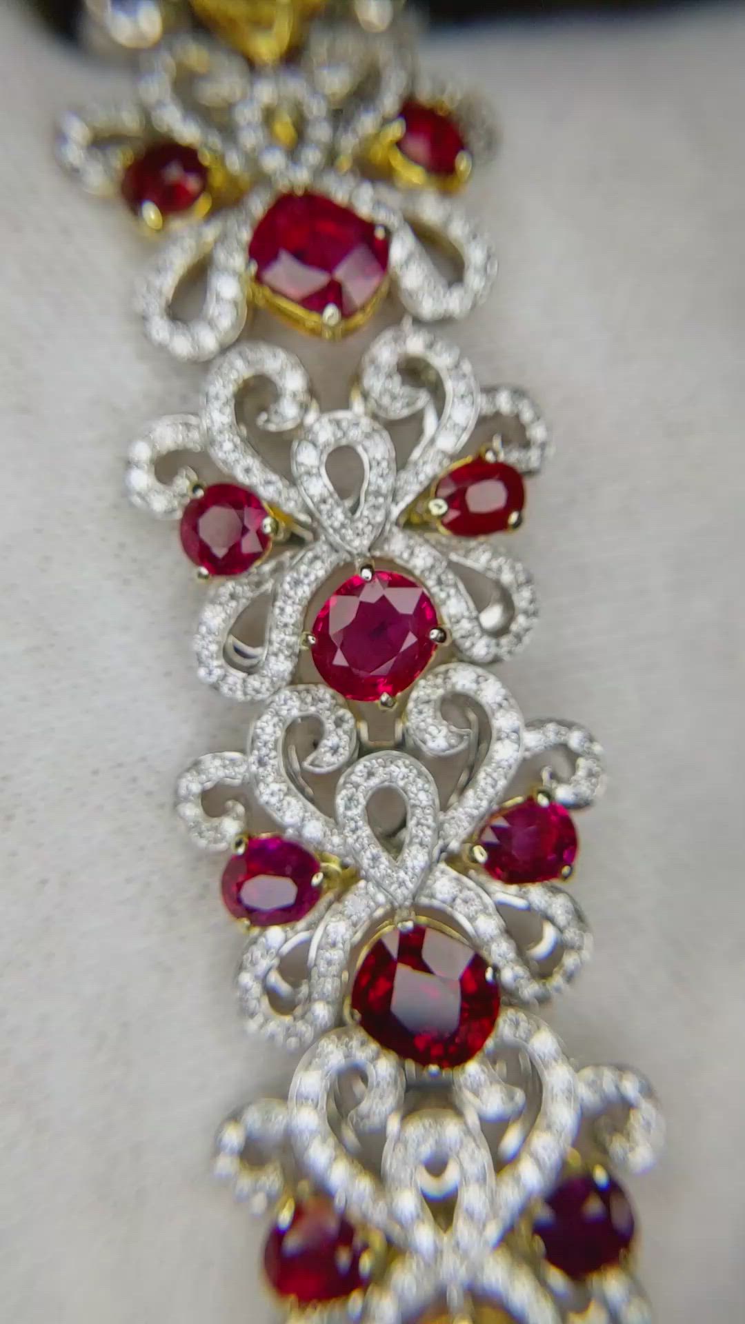 17.54 Ct.Tw.Total Carat Weight Ruby Natural Diamond Pave Bracelet, 18K White & Yellow Size Video