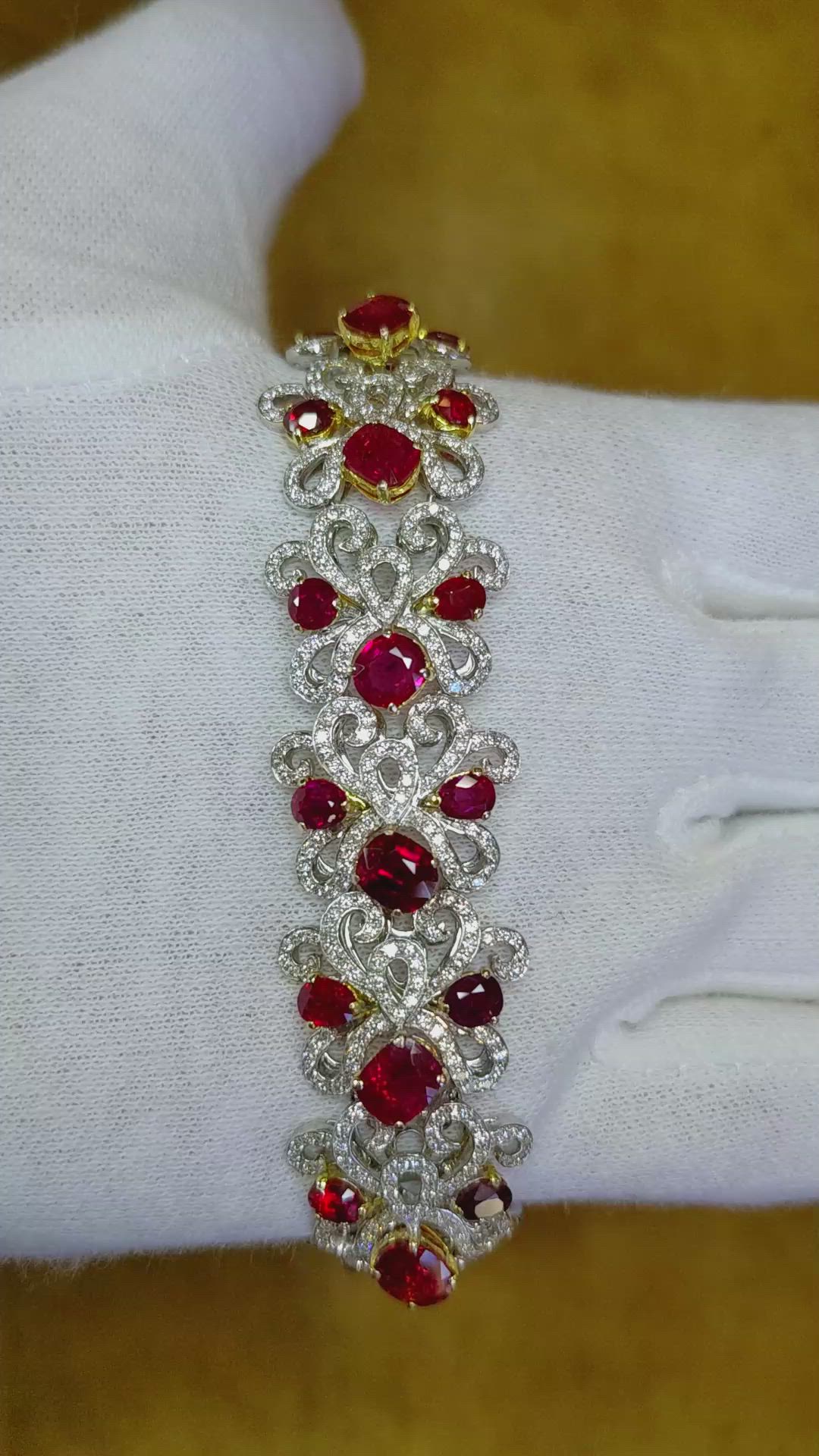17.54 Ct.Tw.Total Carat Weight Ruby Natural Diamond Pave Bracelet, 18K White & Yellow Size Video