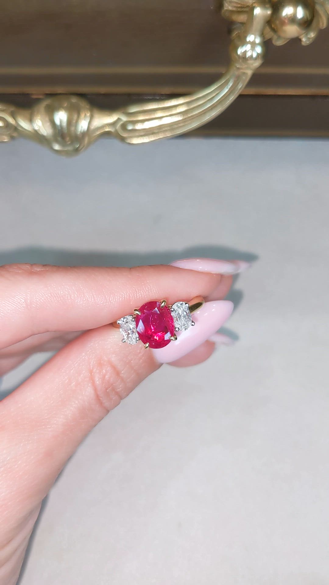 2.59 Ct. Ruby Natural Diamond Three Stone Ring, 18K Yellow Gold Size Video
