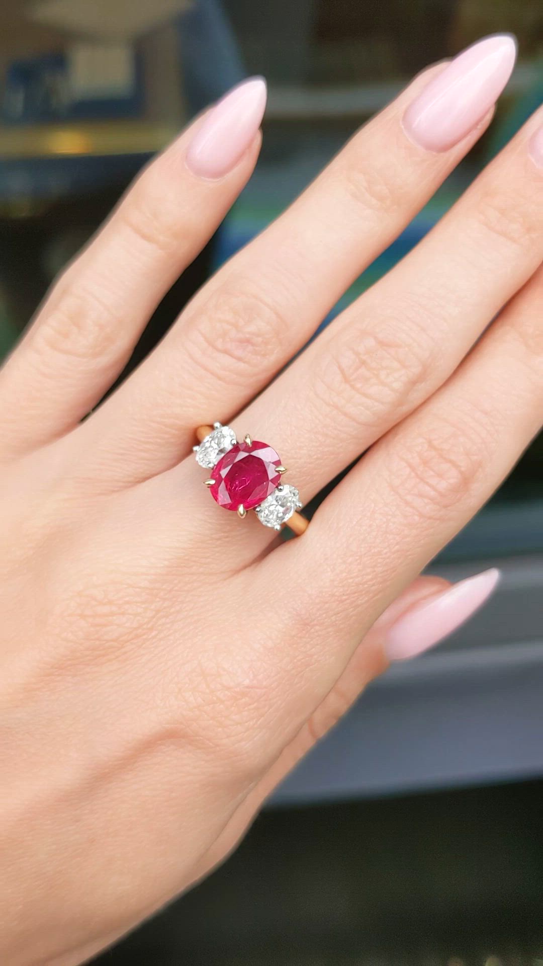 2.59 Ct. Ruby Natural Diamond Three Stone Ring, 18K Yellow Gold Size Video