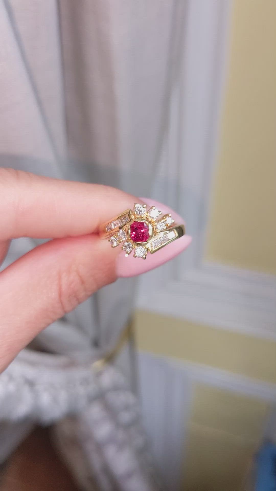 0.60 Ct. Ruby and Natural Diamond Antique Style Ring, 14K Yellow Gold Size Video