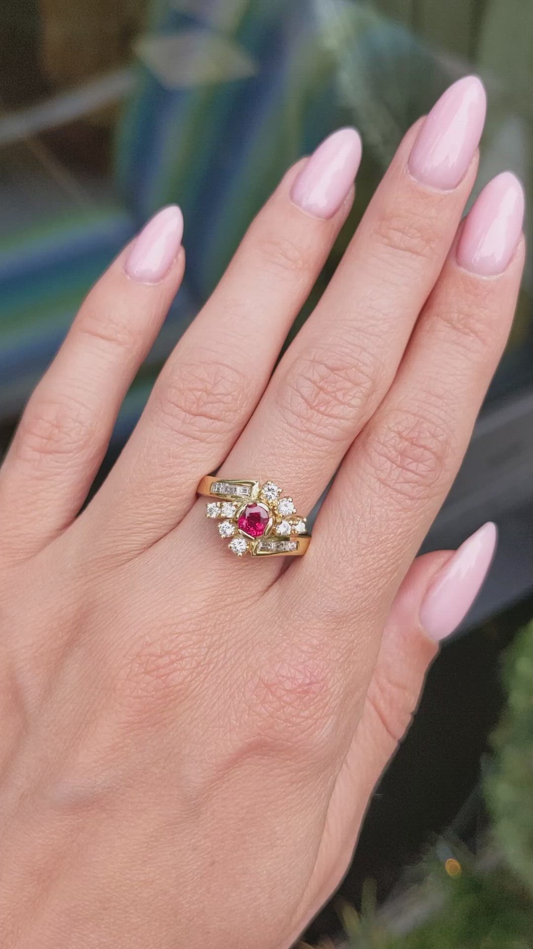 0.60 Ct. Ruby and Natural Diamond Antique Style Ring, 14K Yellow Gold Size Video