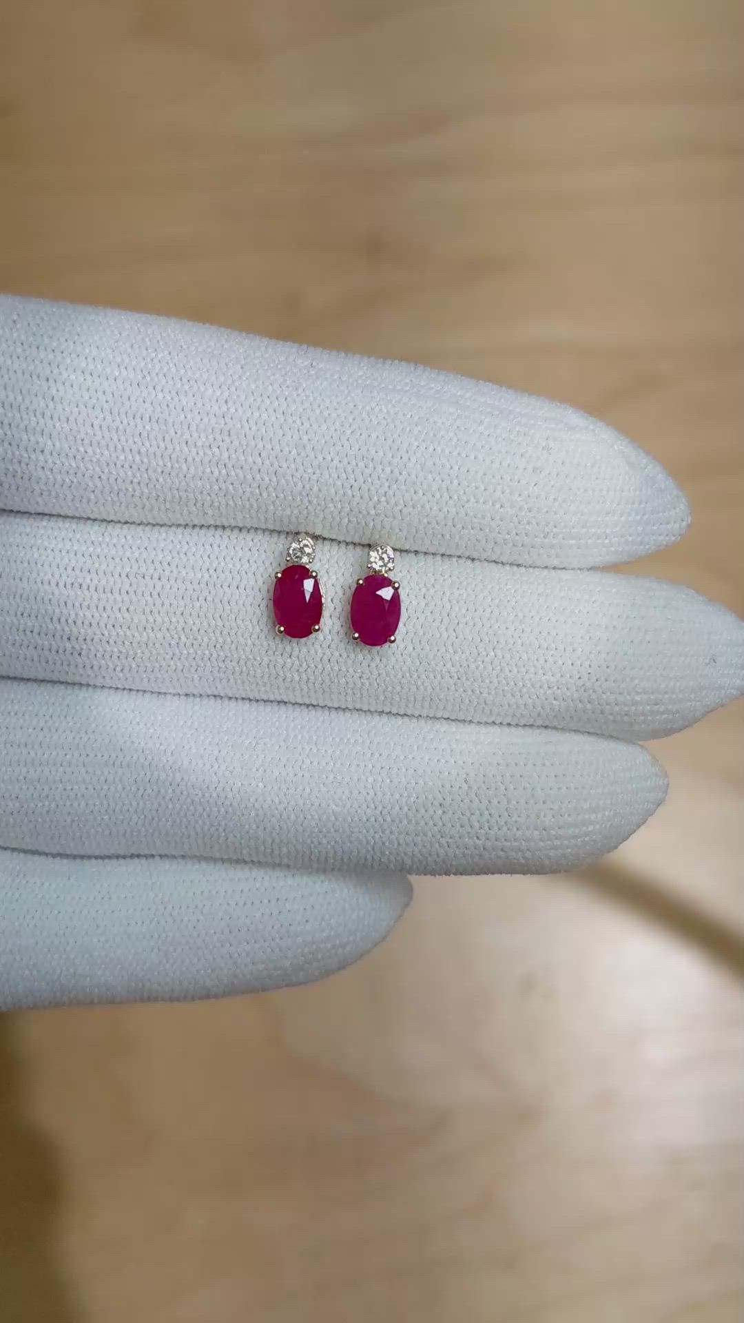 1.06 Ct.Tw. Ruby Natural Diamond Studs Earrings, 14K Yellow Gold Size Video