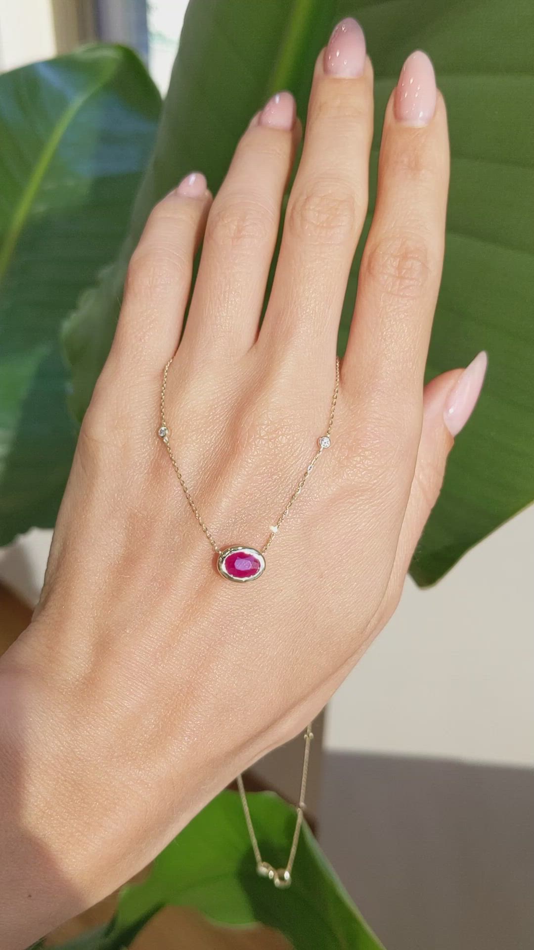 0.93 Ct. Ruby Natural Diamond Bezel Necklace, 14K Yellow Gold Size Video