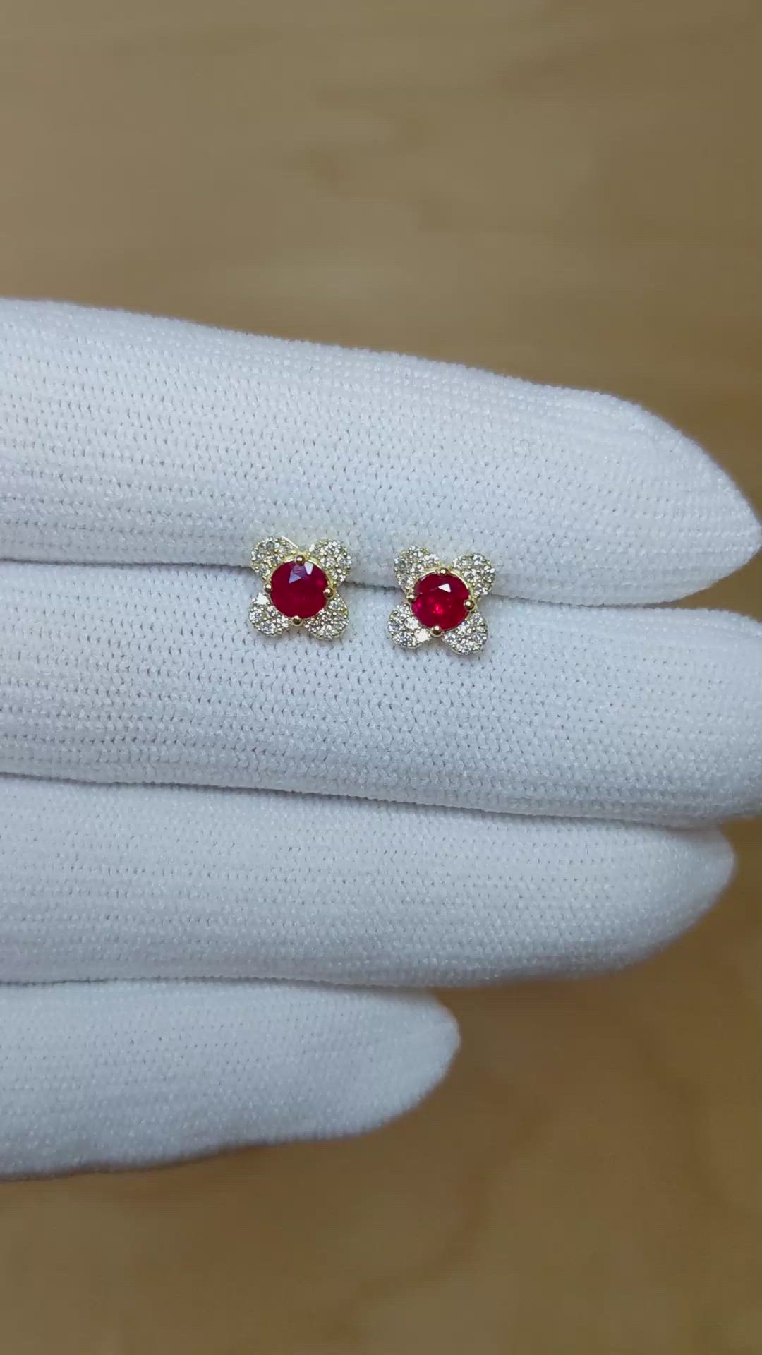 0.59 Ct.Tw. Ruby Natural Diamond Studs Earrings, 14K Yellow Gold Size Video