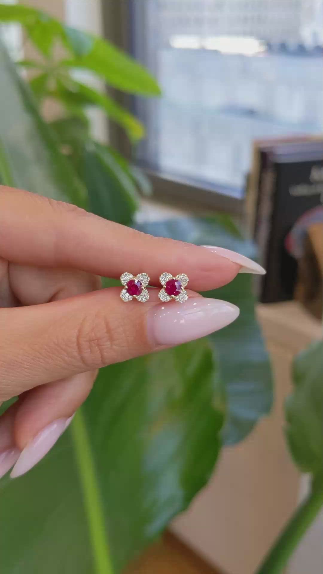 0.59 Ct.Tw. Ruby Natural Diamond Studs Earrings, 14K Yellow Gold Size Video