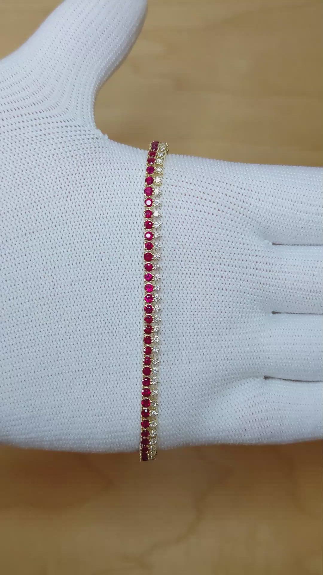 3.23 Ct.Tw. Ruby Natural Diamond Tennis/Line Bracelet, 14K Yellow Gold Size Video