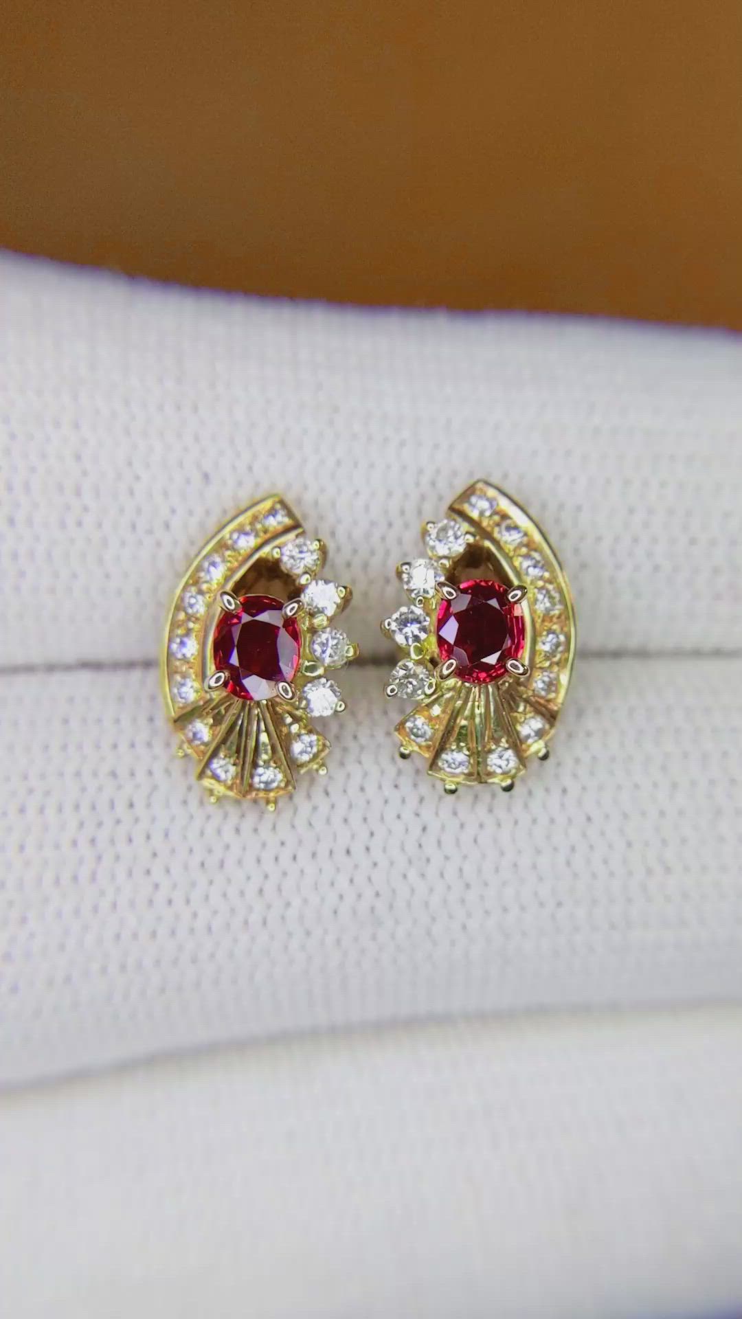 0.73 Ct.Tw. Ruby Natural Diamond Studs Earrings, 14K Yellow Gold Size Video