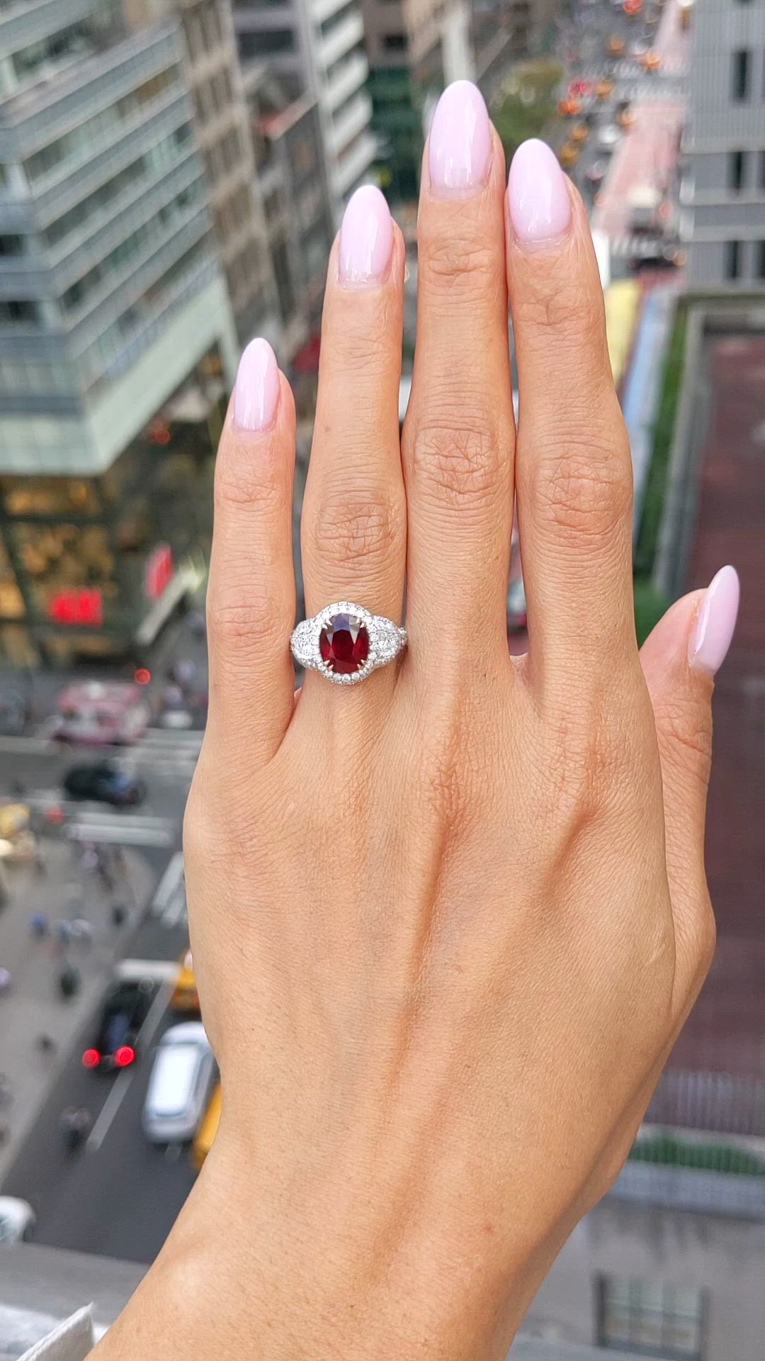 3.01 Ct. Ruby and Natural Diamond Three Stone Ring, 14K White & Yellow Size Video