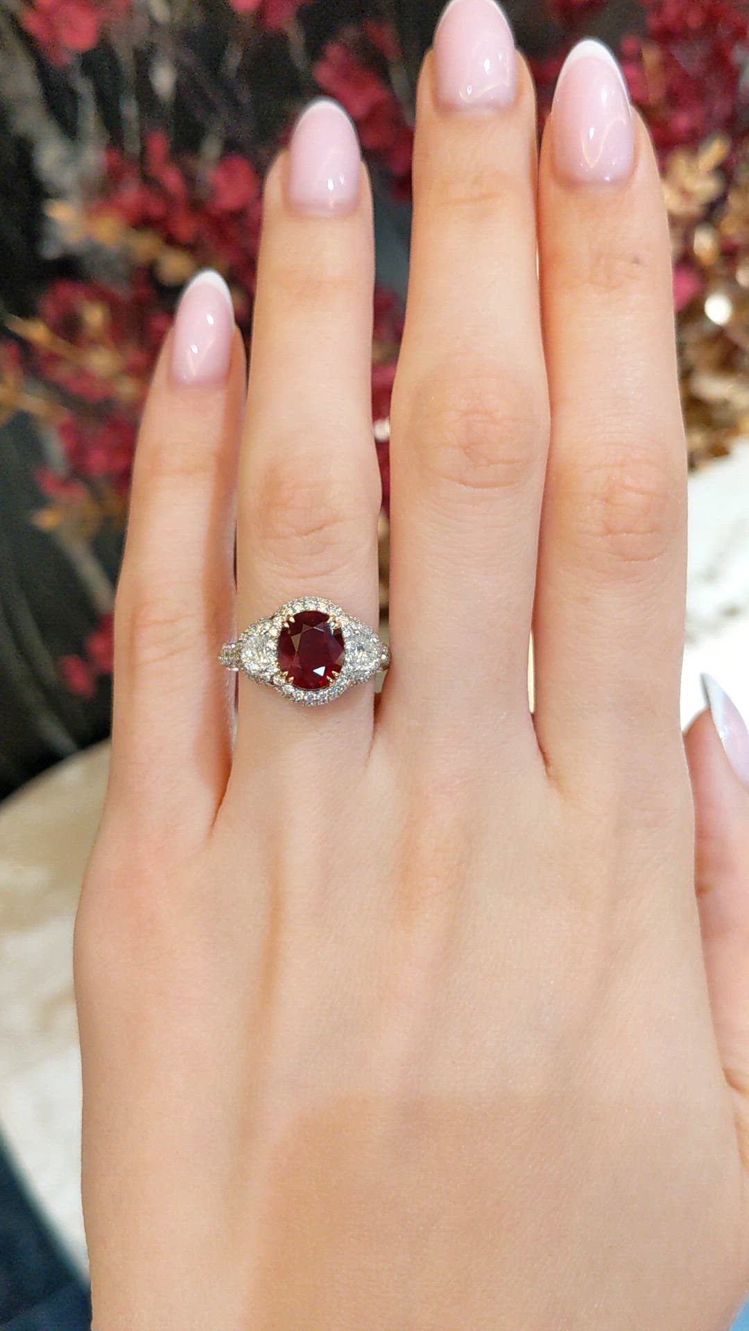 3.01 Ct. Ruby and Natural Diamond Three Stone Ring, 14K White & Yellow Size Video