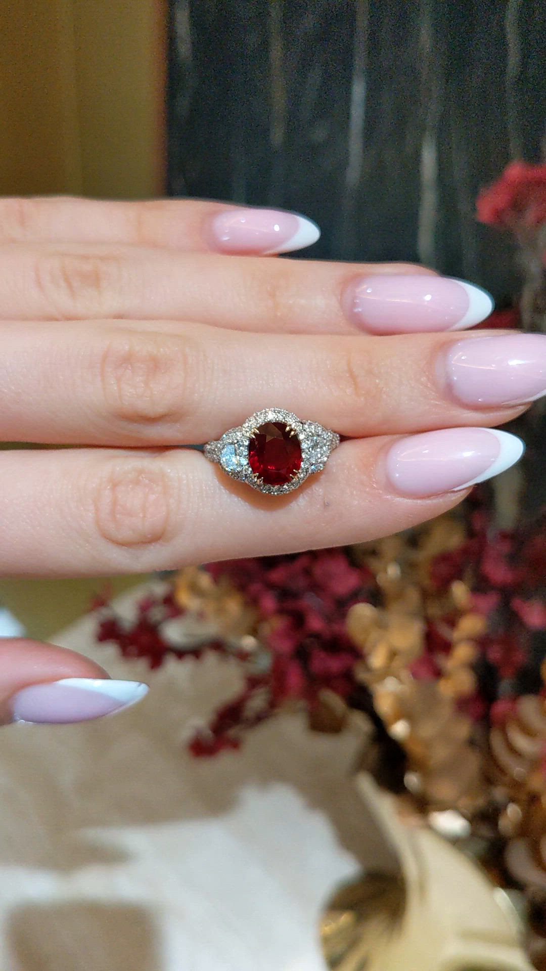 3.01 Ct. Ruby and Natural Diamond Three Stone Ring, 14K White & Yellow Size Video