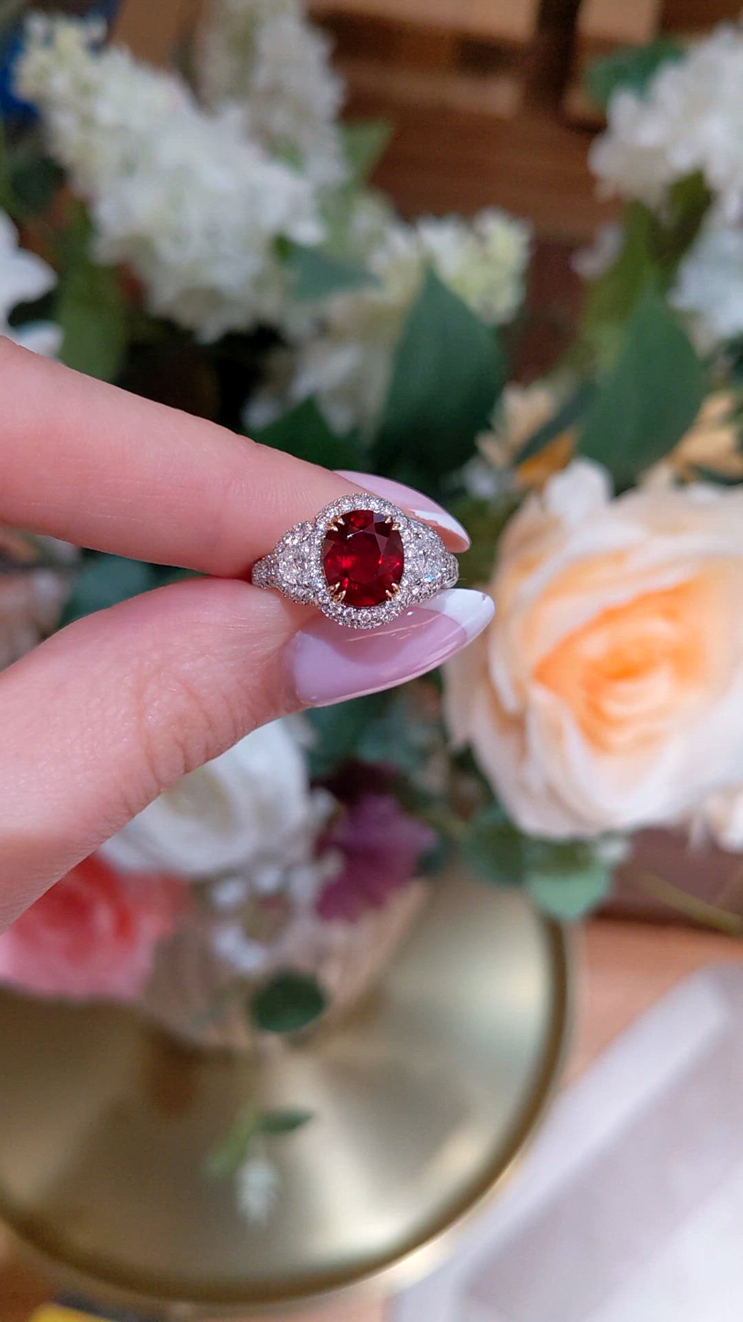 3.01 Ct. Ruby and Natural Diamond Three Stone Ring, 14K White & Yellow Size Video