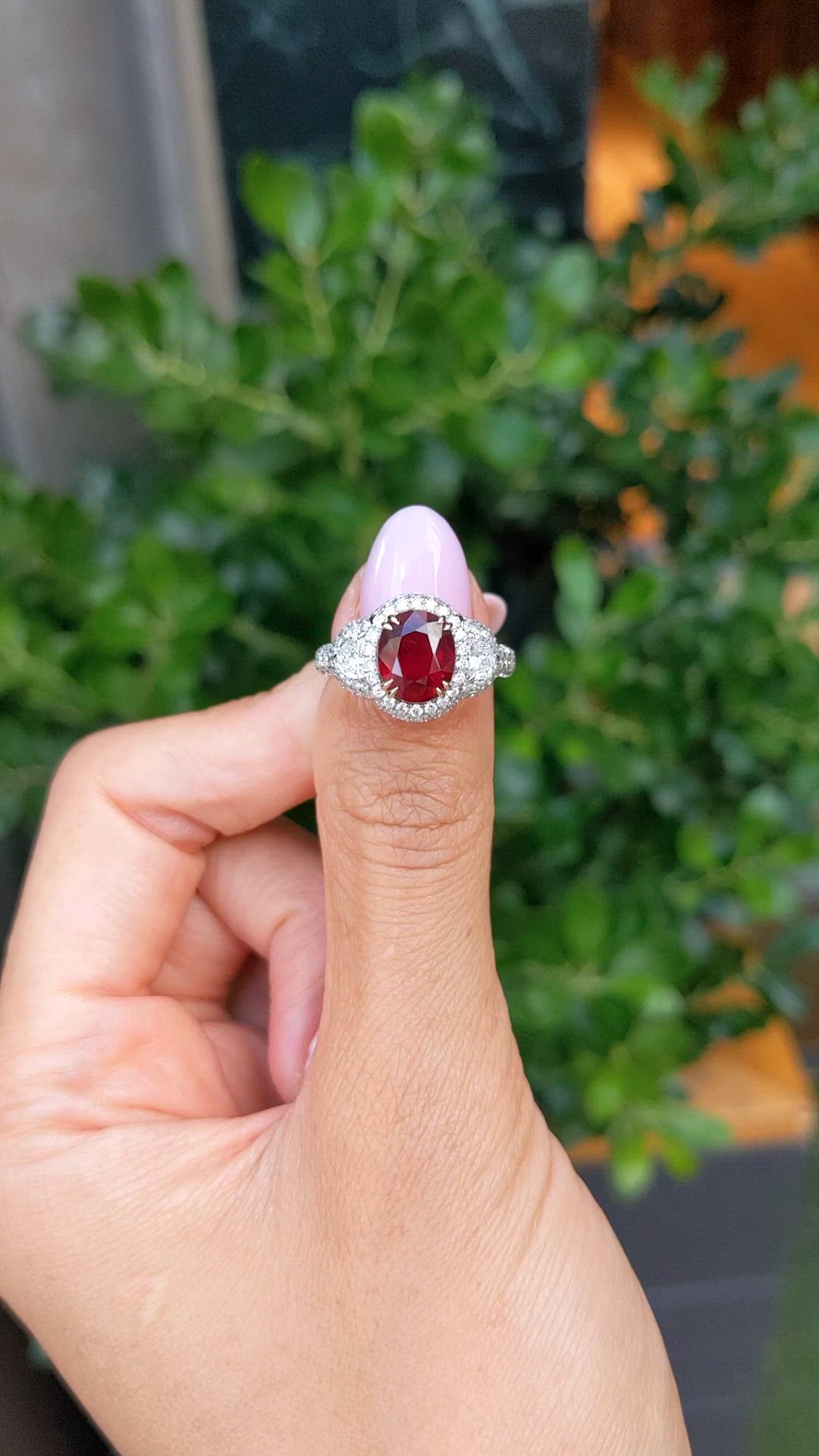 3.01 Ct. Ruby and Natural Diamond Three Stone Ring, 14K White & Yellow Size Video
