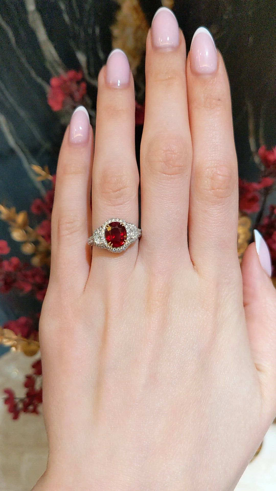 3.01 Ct. Ruby and Natural Diamond Three Stone Ring, 14K White & Yellow Size Video