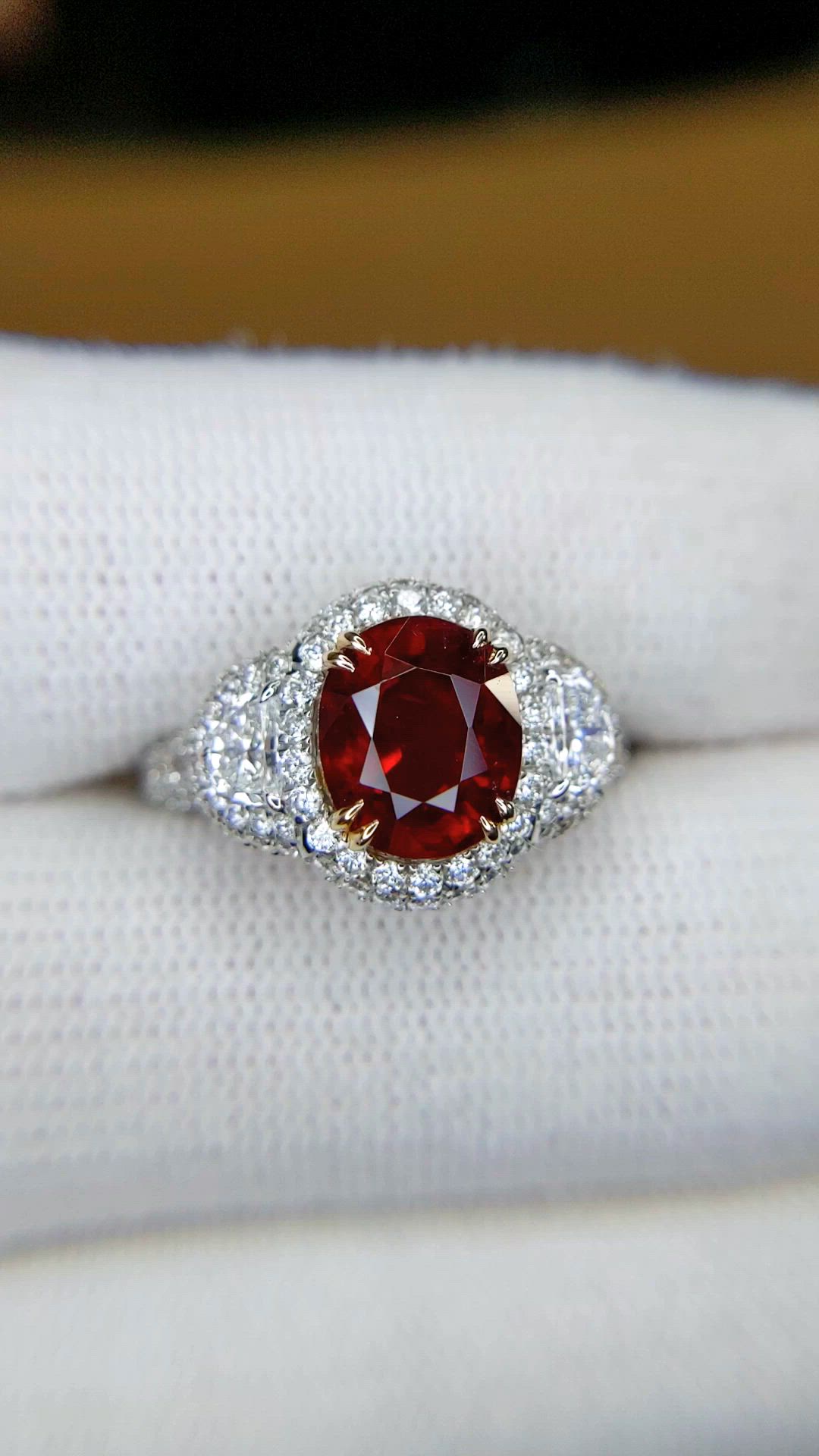 3.01 Ct. Ruby and Natural Diamond Three Stone Ring, 14K White & Yellow Size Video