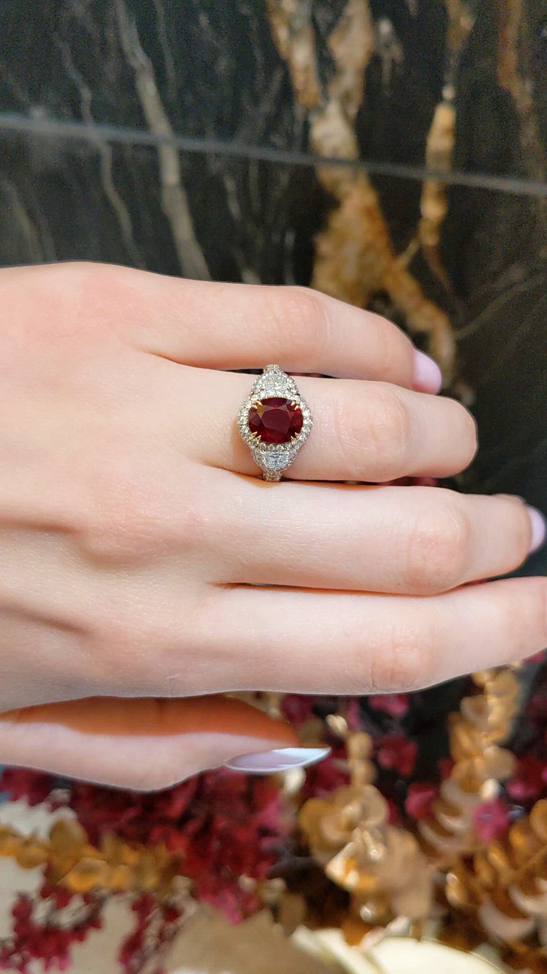 3.01 Ct. Ruby and Natural Diamond Three Stone Ring, 14K White & Yellow Size Video