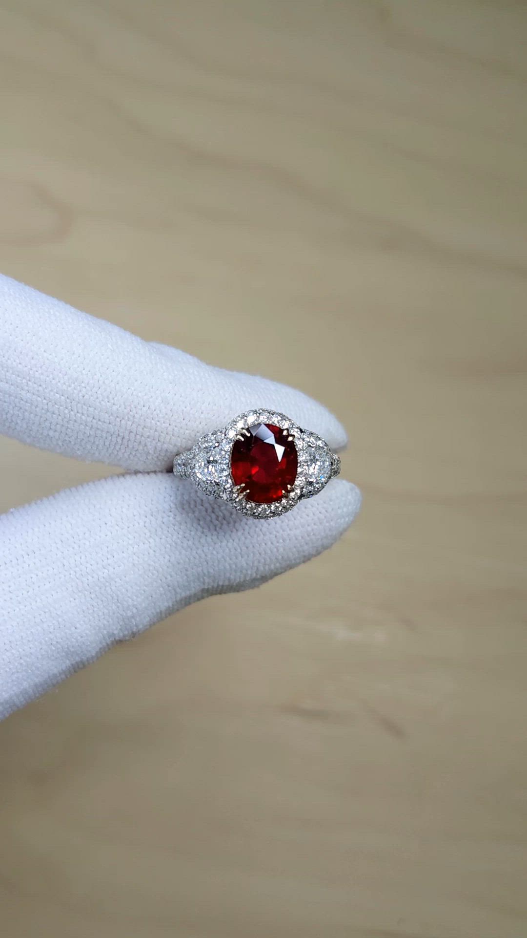 3.01 Ct. Ruby and Natural Diamond Three Stone Ring, 14K White & Yellow Size Video