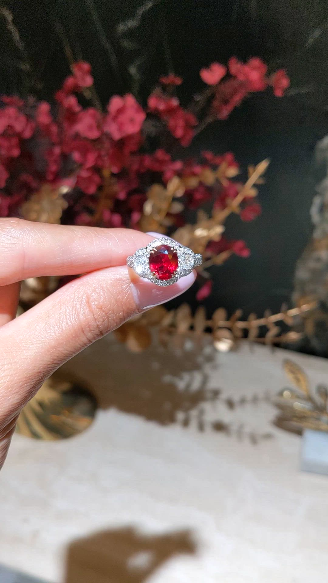 3.01 Ct. Ruby and Natural Diamond Three Stone Ring, 14K White & Yellow Size Video