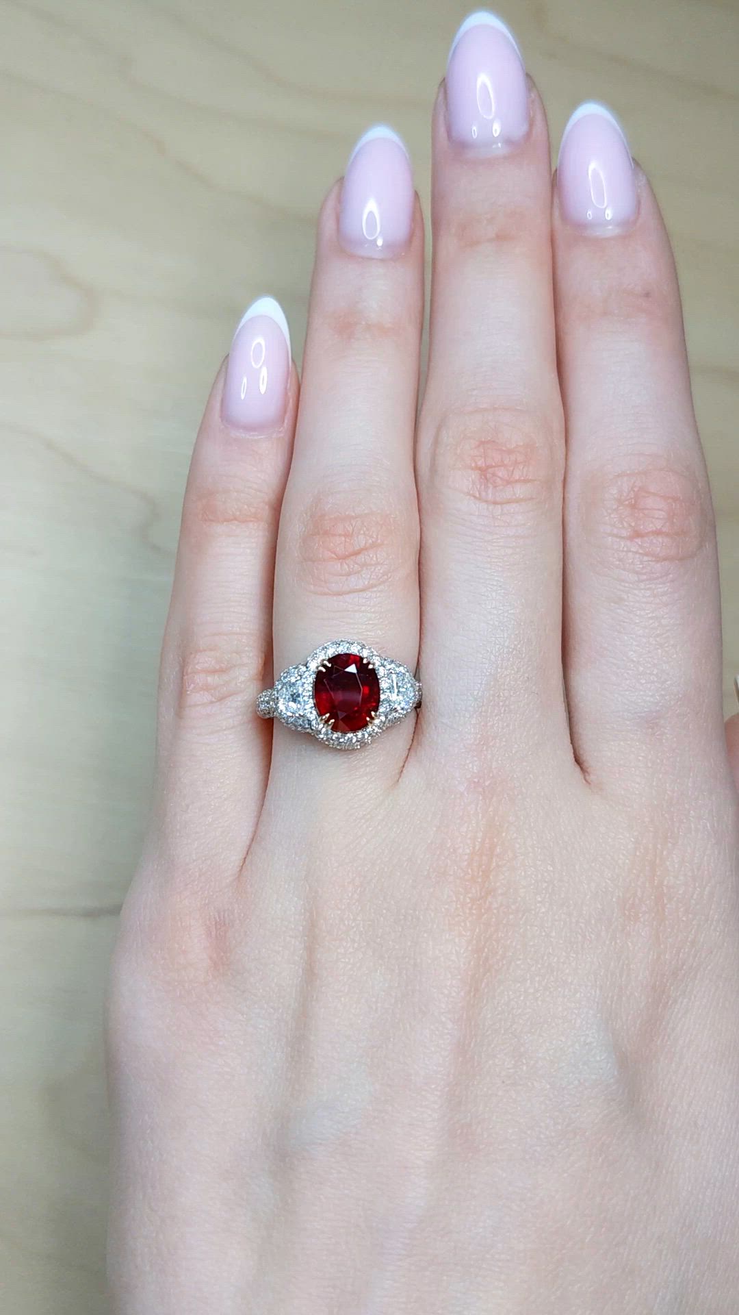 3.01 Ct. Ruby and Natural Diamond Three Stone Ring, 14K White & Yellow Size Video