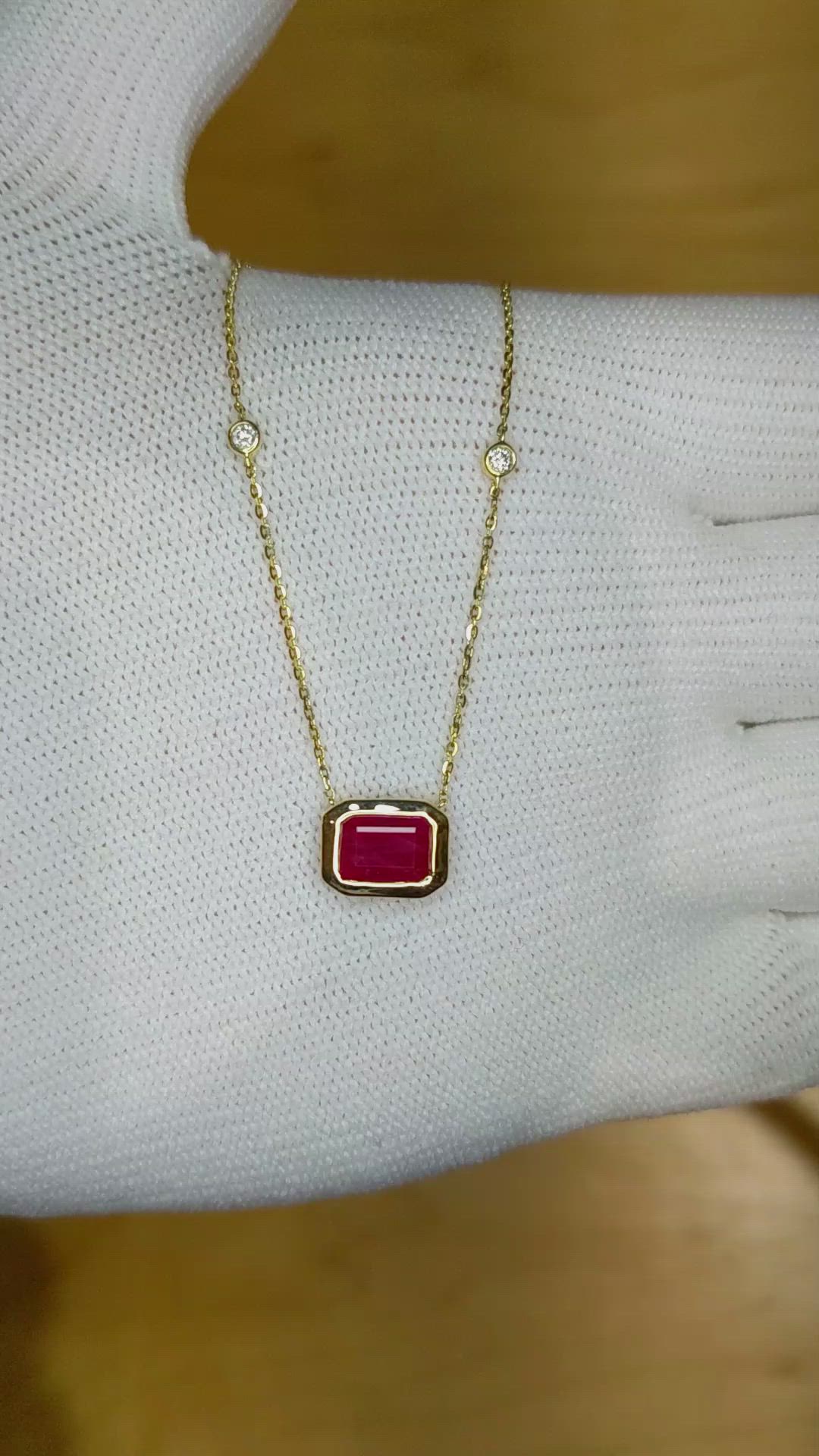 1.24 Ct. Ruby Natural Diamond Bezel Necklace, 14K Yellow Gold Size Video