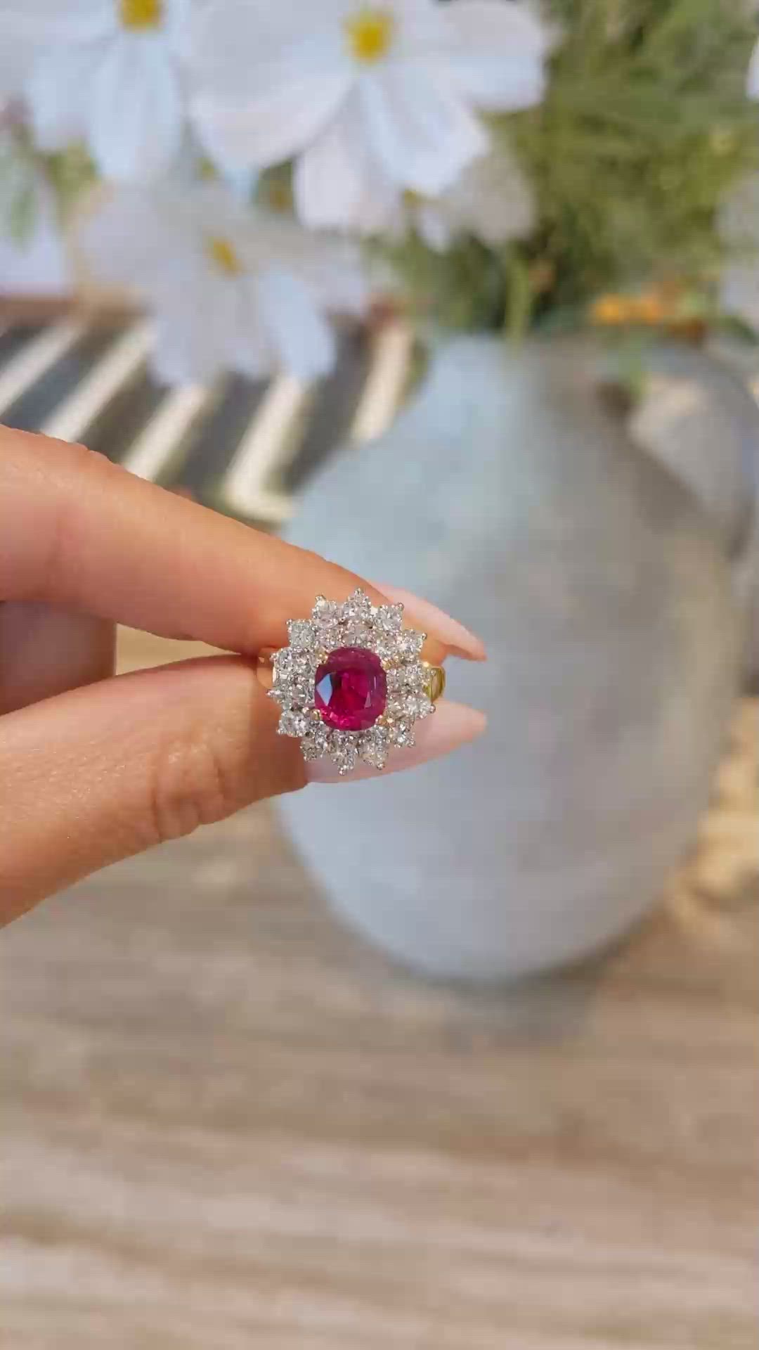 2.09 Ct. Ruby Natural Diamond Pave Ring, 18K Yellow Gold Size Video