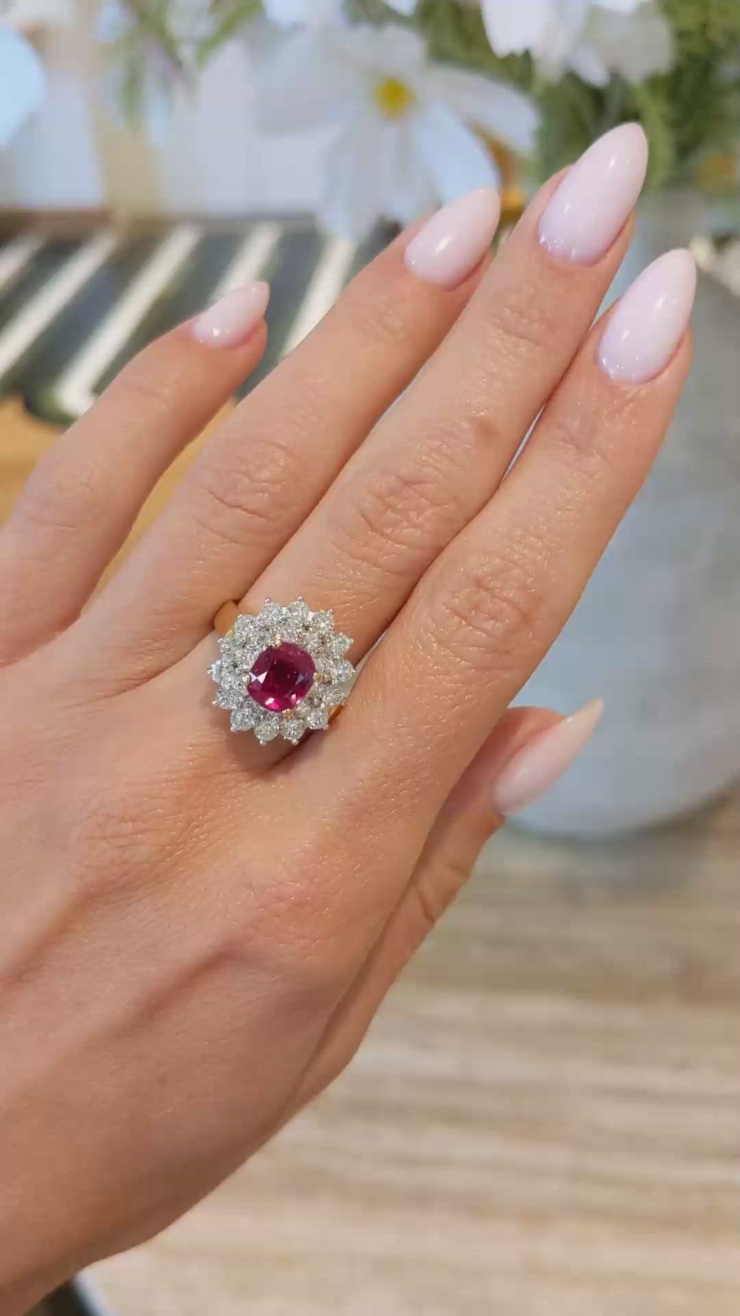 2.09 Ct. Ruby Natural Diamond Pave Ring, 18K Yellow Gold Size Video