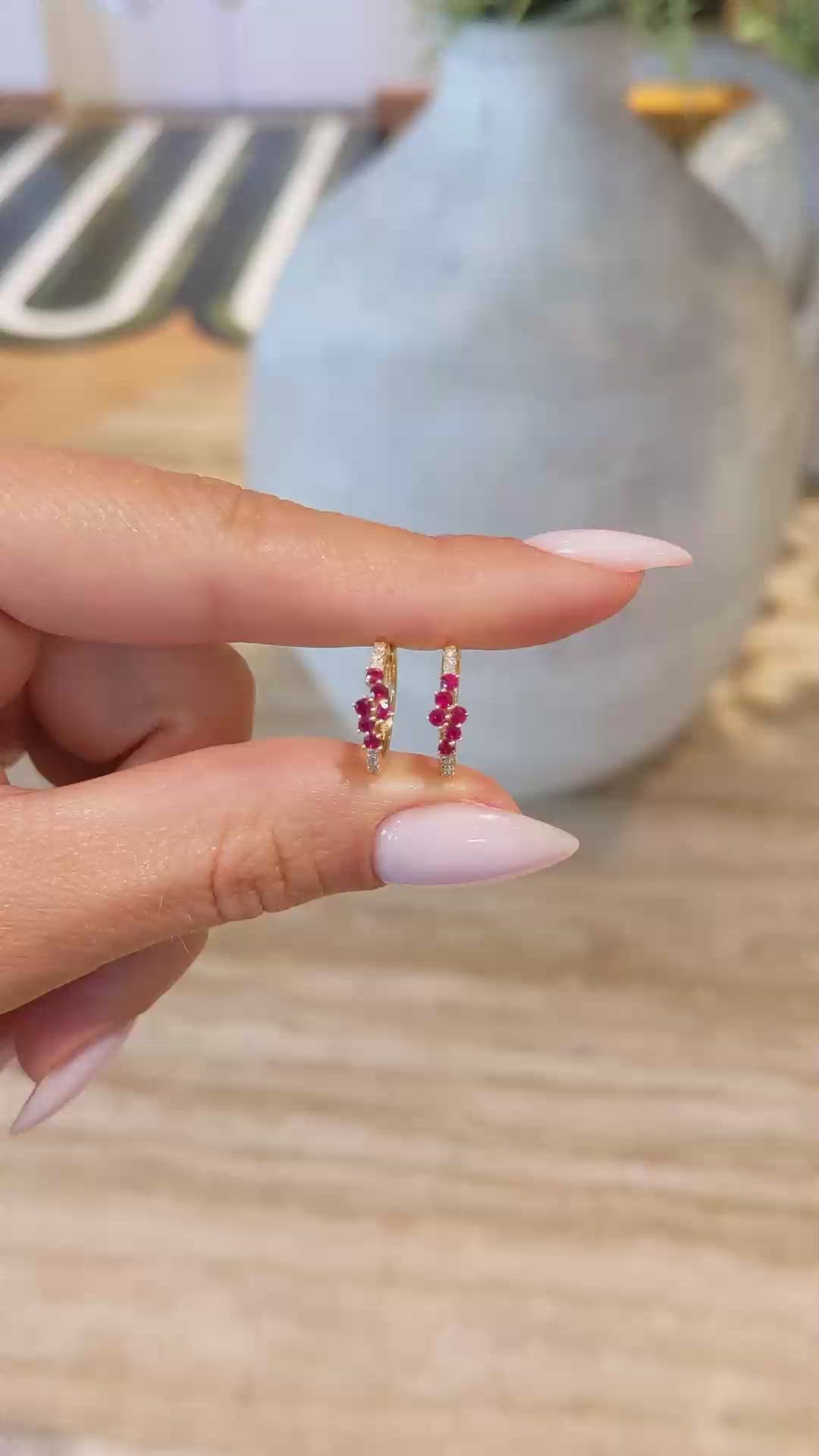 0.26 Ct.Tw. Ruby Natural Diamond Pave Earrings, 14K Yellow Gold Size Video