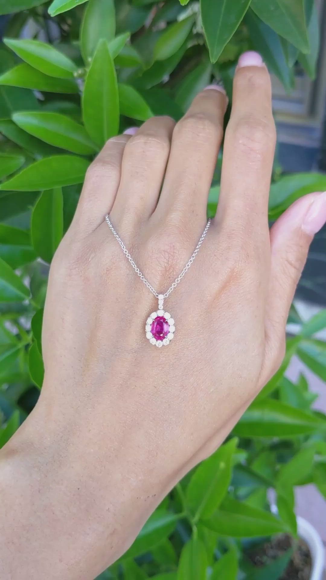 1.30 Ct. Ruby Natural Diamond Pave Pendant, 18K White Gold Size Video