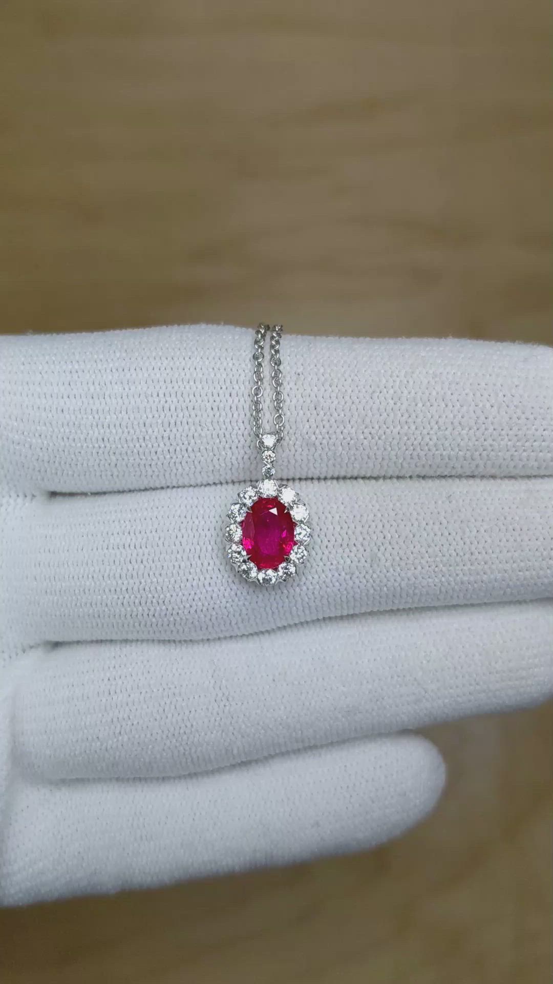 1.30 Ct. Ruby Natural Diamond Pave Pendant, 18K White Gold Size Video