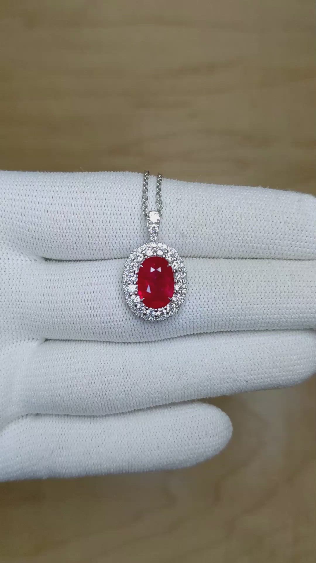 2.90 Ct. Ruby Natural Diamond Pave Pendant, 18K White Gold Size Video