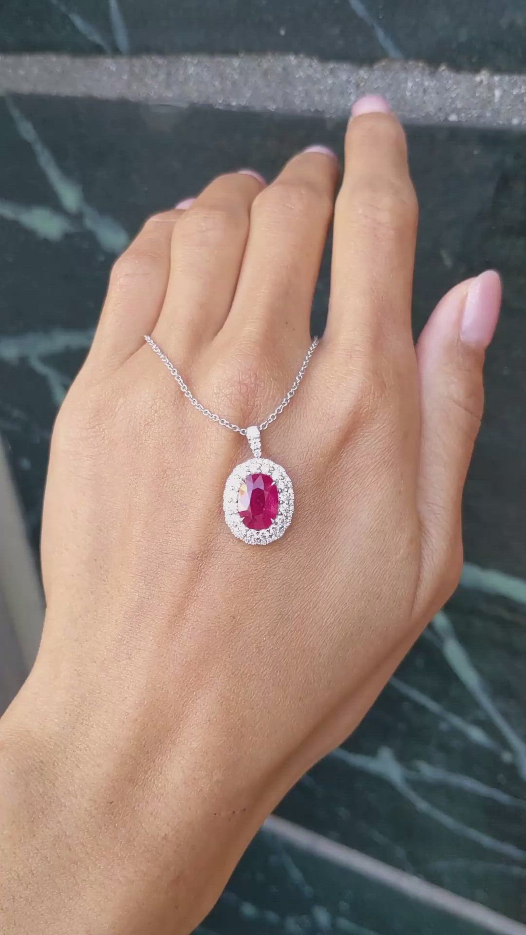 2.90 Ct. Ruby Natural Diamond Pave Pendant, 18K White Gold Size Video