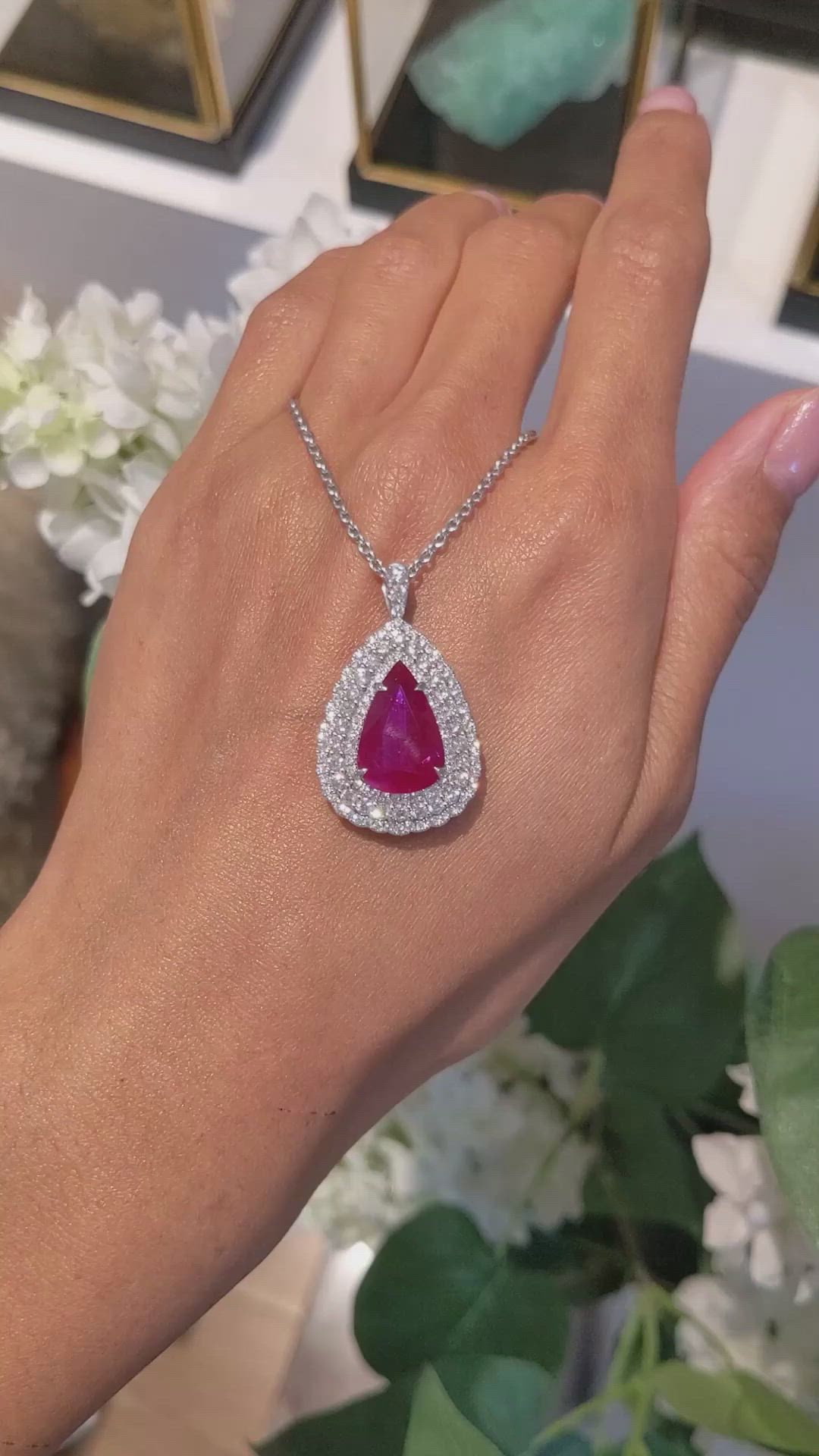 8.03 Ct. Ruby Natural Diamond Pave Pendant, 18K White Gold Size Video