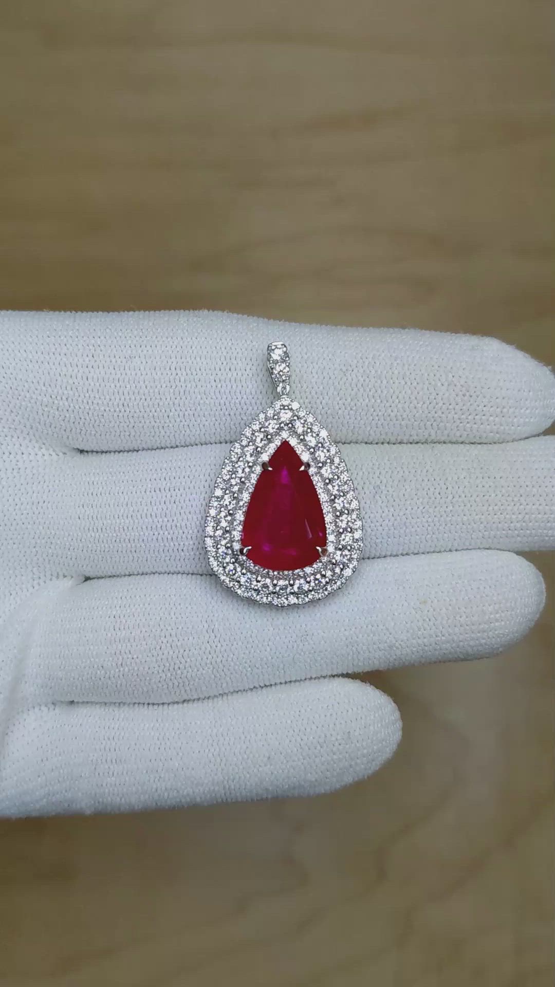 8.03 Ct. Ruby Natural Diamond Pave Pendant, 18K White Gold Size Video