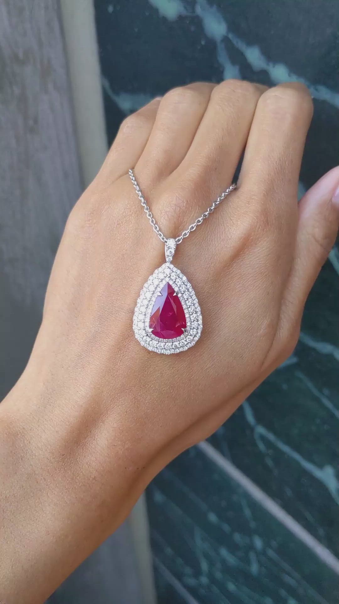 8.03 Ct. Ruby Natural Diamond Pave Pendant, 18K White Gold Size Video