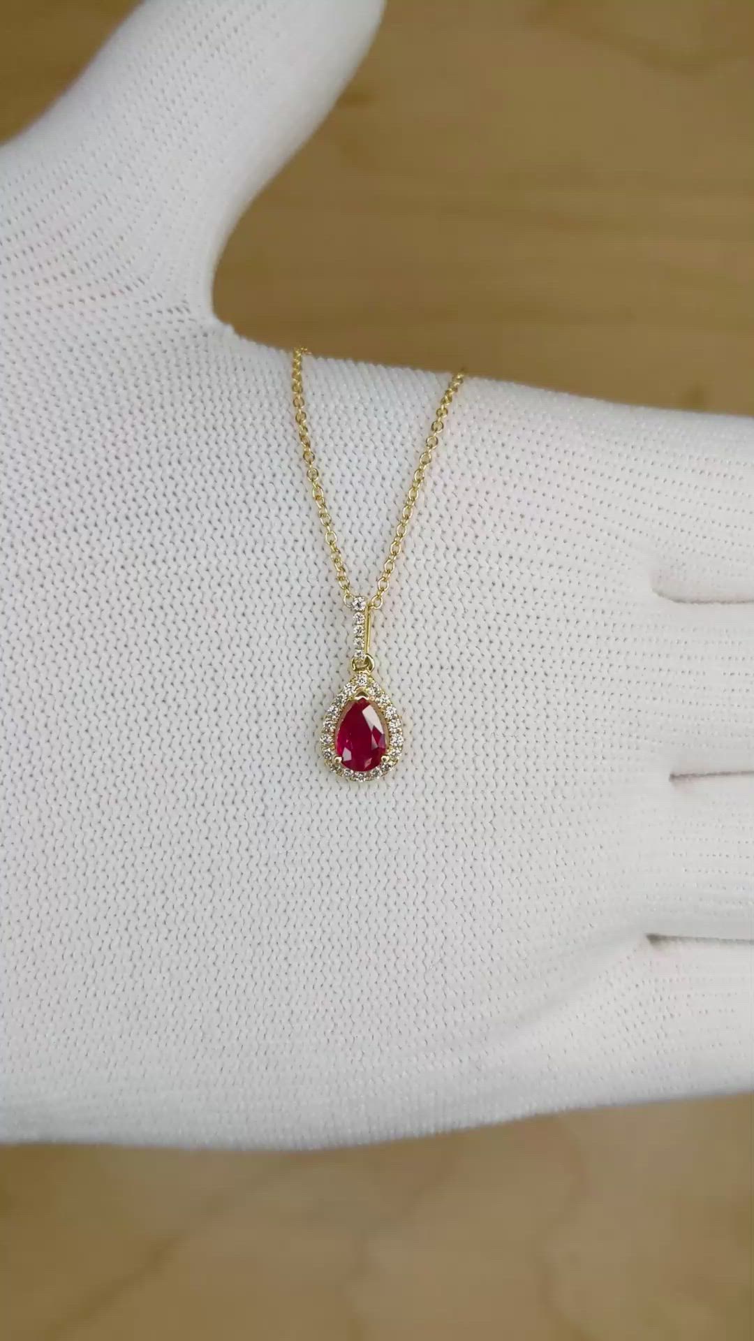 0.45 Ct. Ruby Natural Diamond Halo Pendant, 18K Yellow Gold Size Video