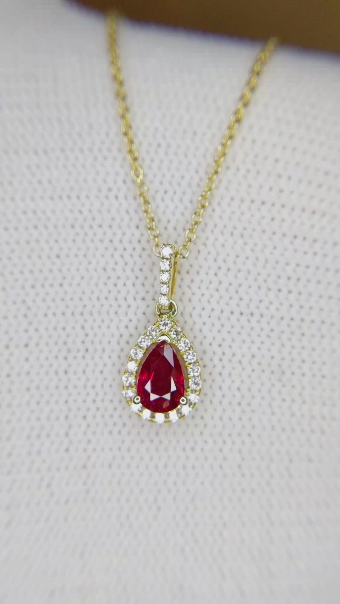 0.45 Ct. Ruby Natural Diamond Halo Pendant, 18K Yellow Gold Size Video