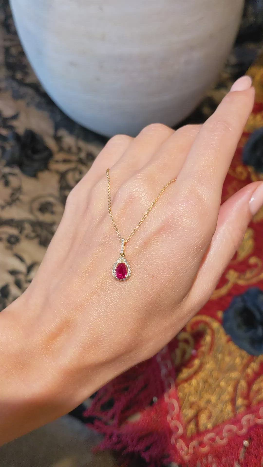 0.45 Ct. Ruby Natural Diamond Halo Pendant, 18K Yellow Gold Size Video