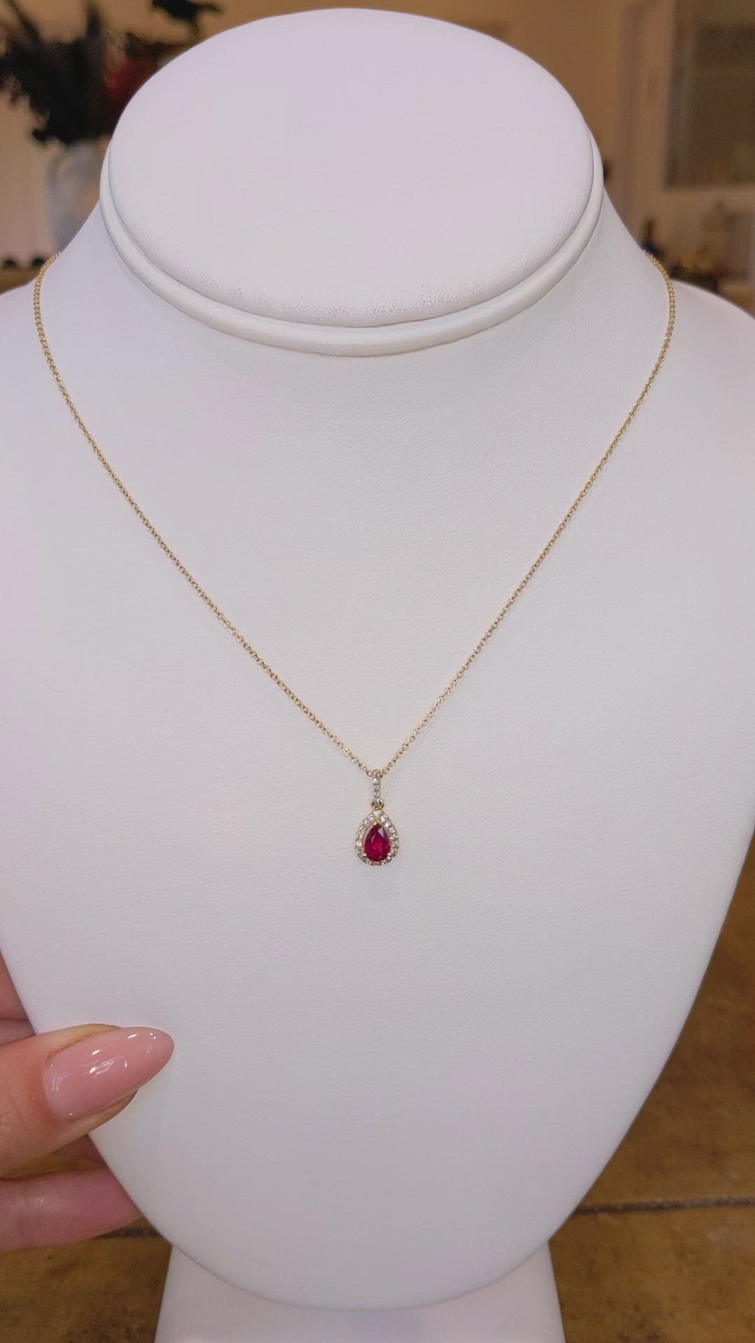 0.45 Ct. Ruby Natural Diamond Halo Pendant, 18K Yellow Gold Size Video
