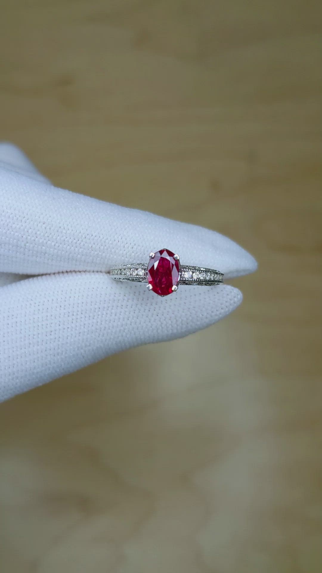 1.02 Ct. Ruby Natural Diamond Pave Ring, 18K White Gold Size Video