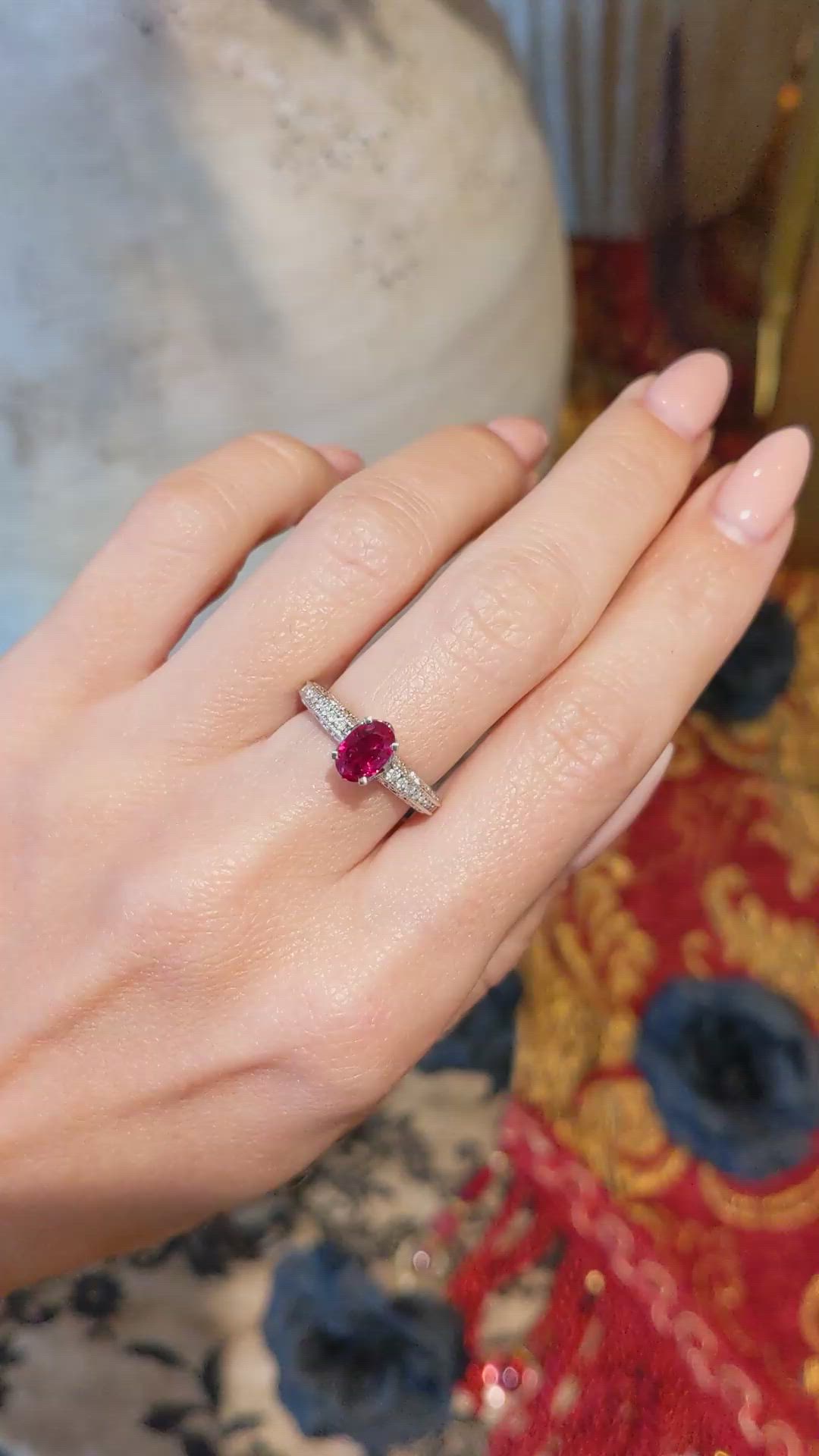 1.02 Ct. Ruby Natural Diamond Pave Ring, 18K White Gold Size Video