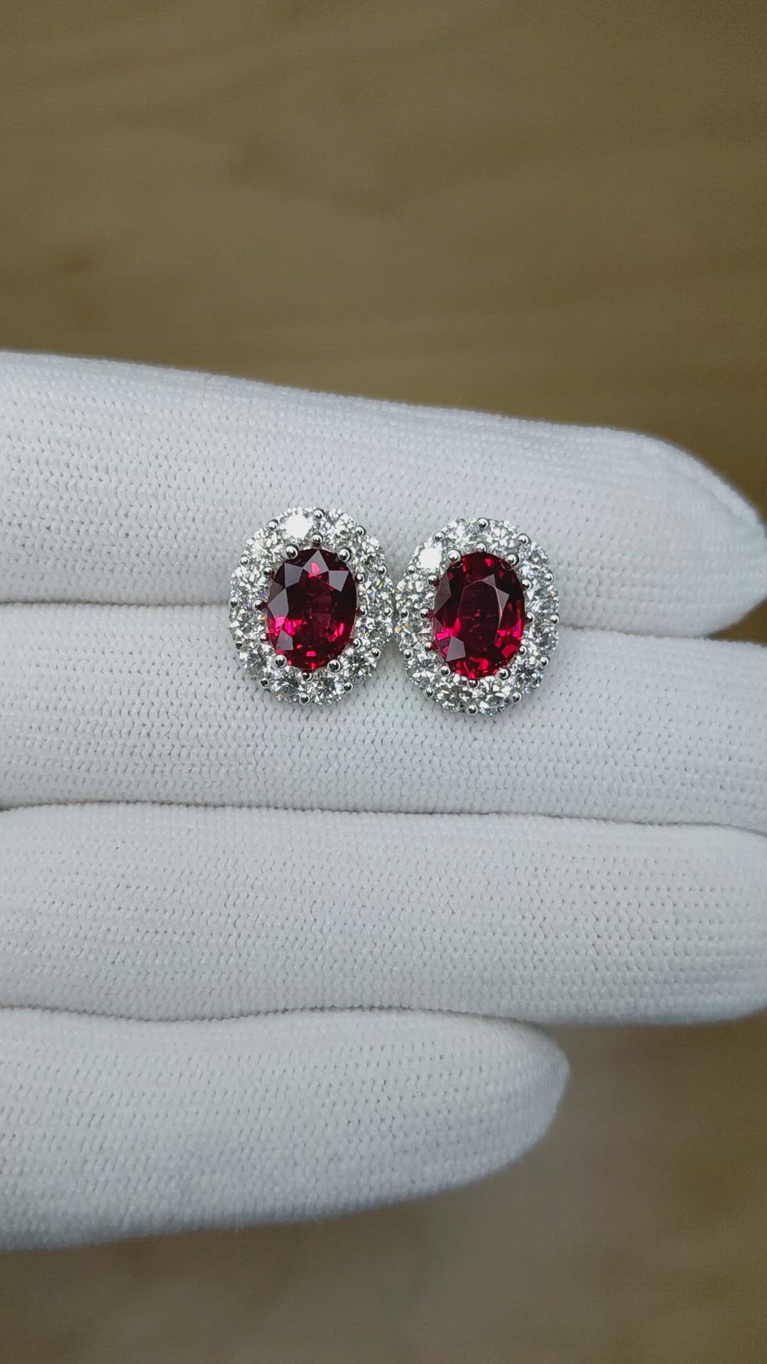 4.52 Ct.Tw. Ruby Natural Diamond Pave Earrings, 18K White Gold Size Video
