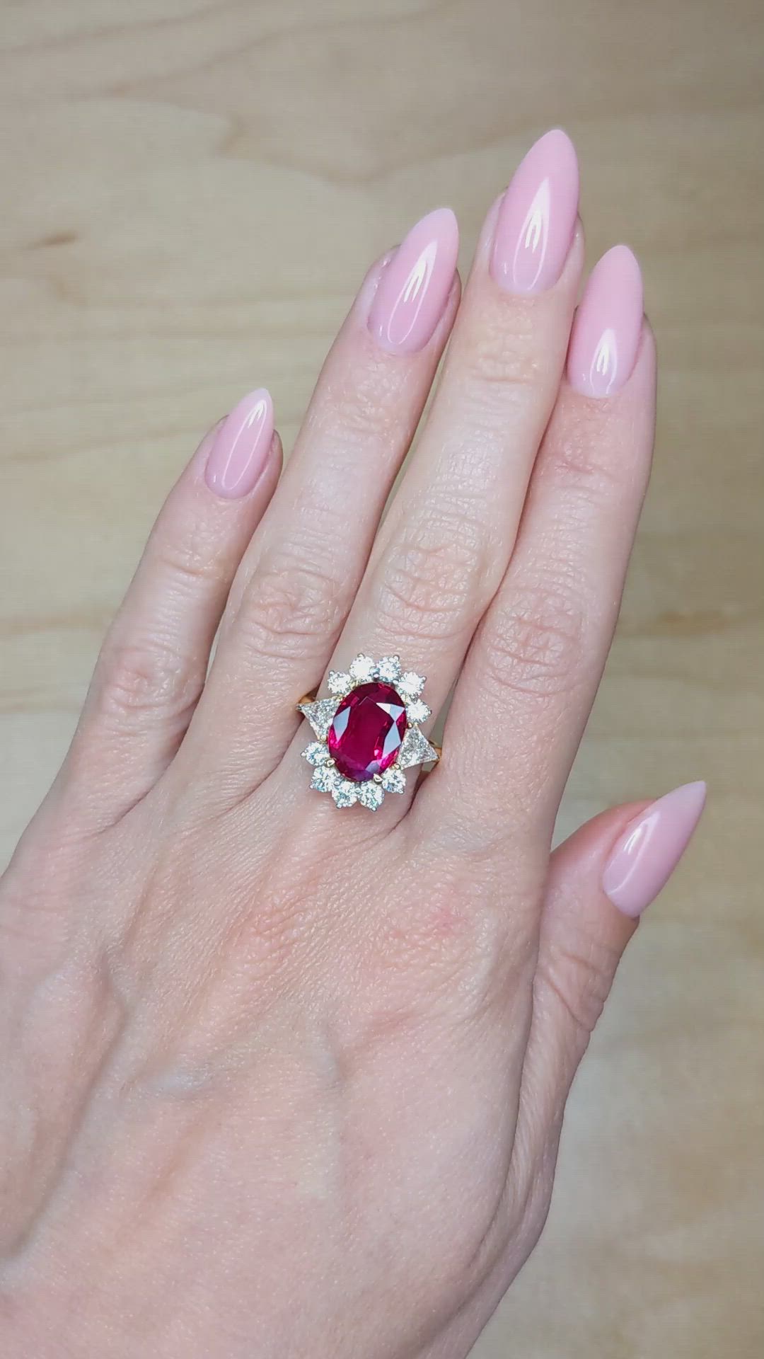 4.00 Ct. Ruby Natural Diamond Halo Ring, 18K Yellow Gold Size Video