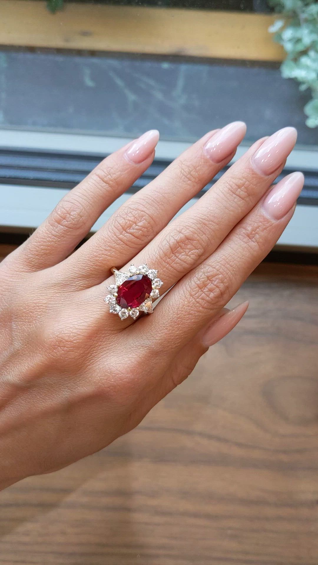 4.00 Ct. Ruby and Natural Diamond Halo Ring, 18K Yellow Gold Size Video