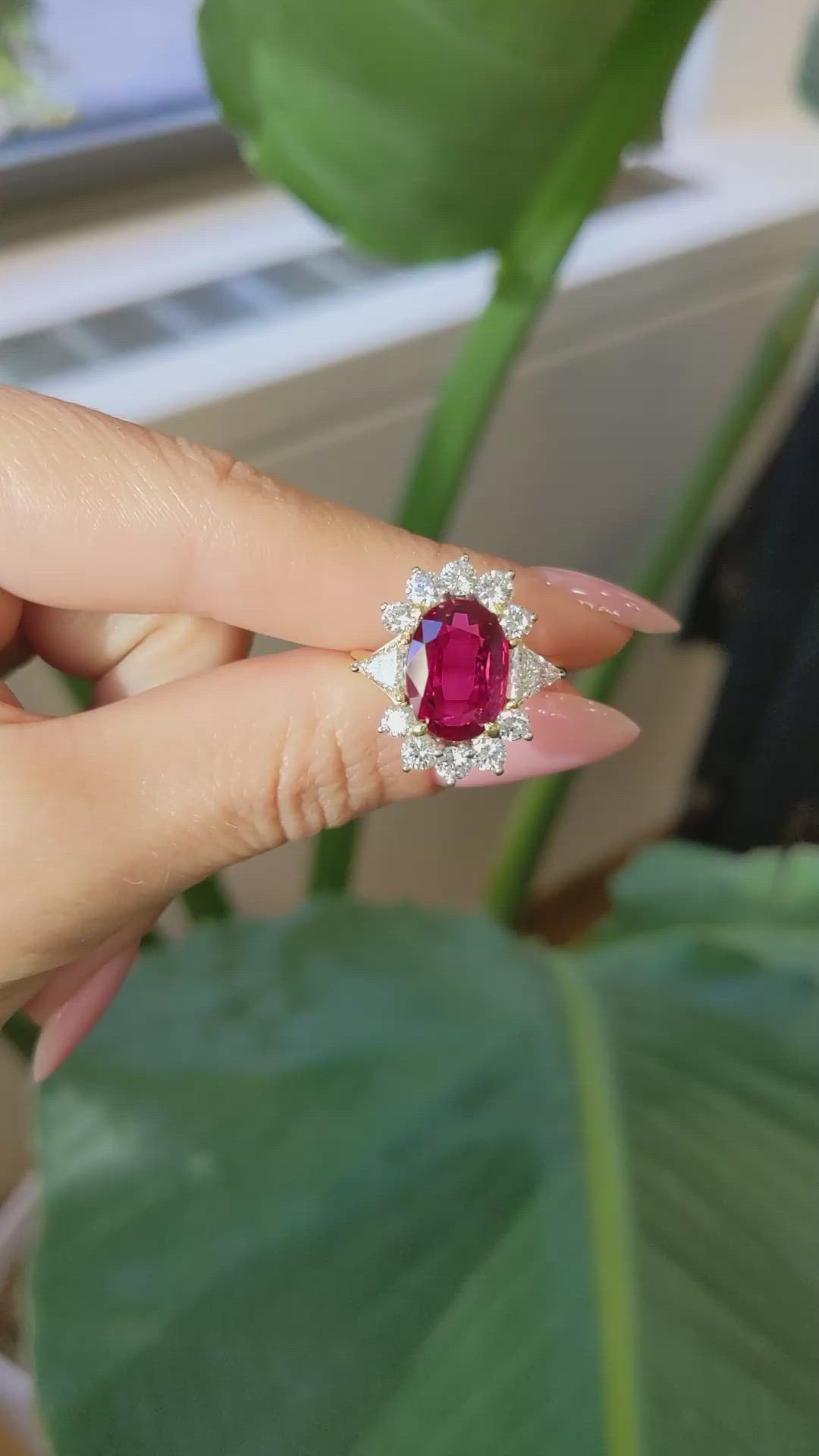 4.00 Ct. Ruby Natural Diamond Halo Ring, 18K Yellow Gold Size Video