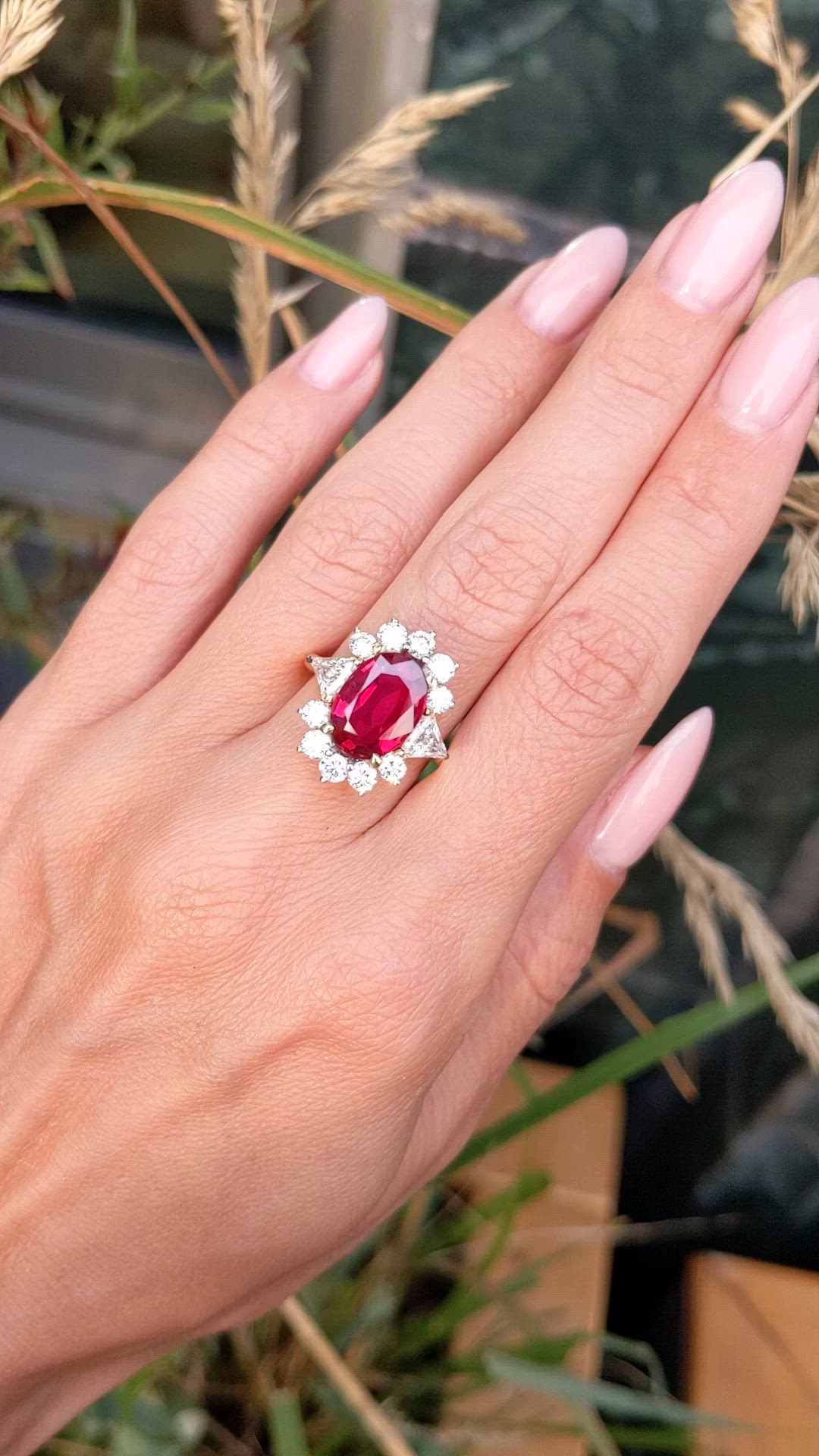 4.00 Ct. Ruby and Natural Diamond Halo Ring, 18K Yellow Gold Size Video