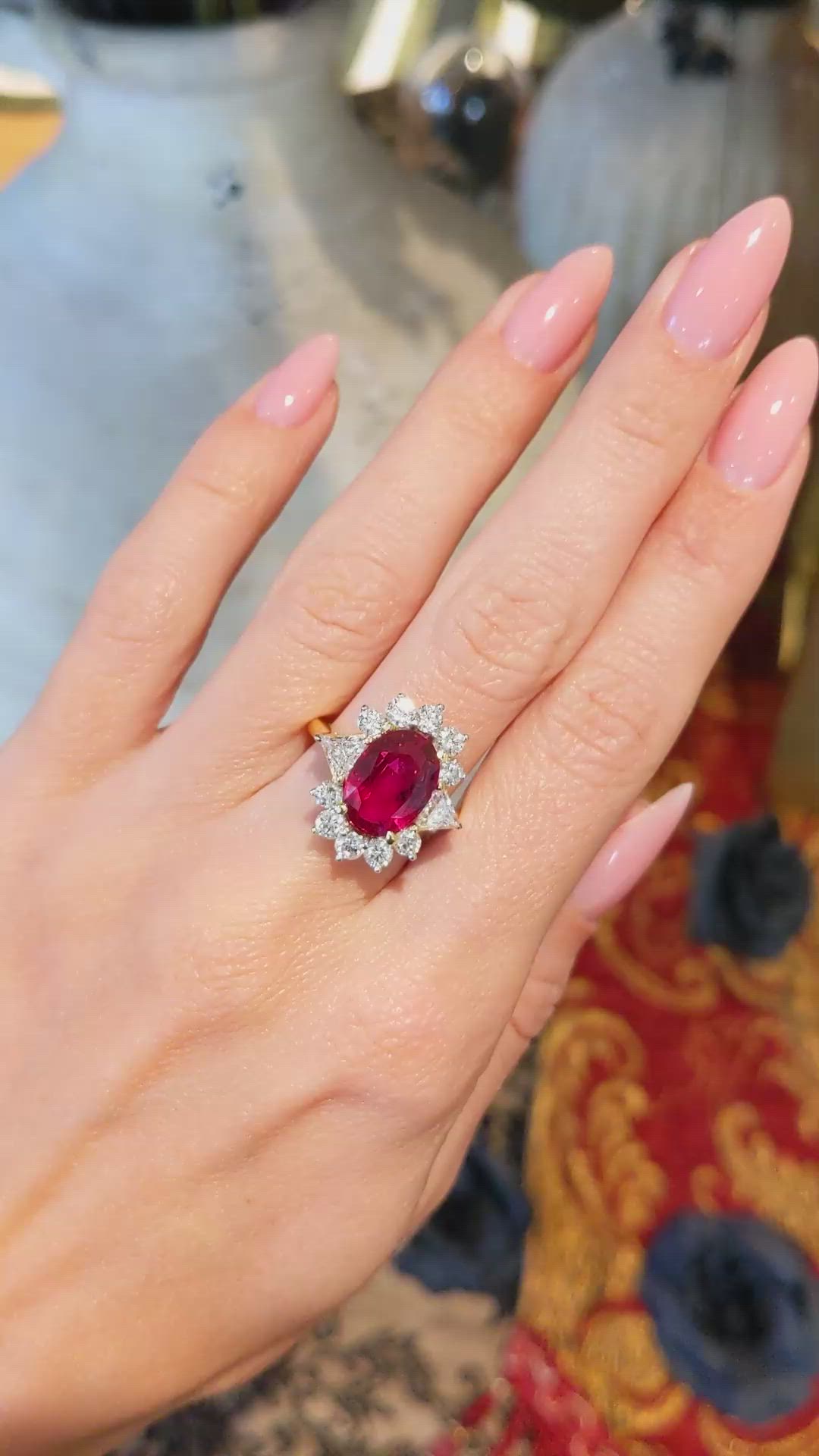 4.00 Ct. Ruby Natural Diamond Halo Ring, 18K Yellow Gold Size Video