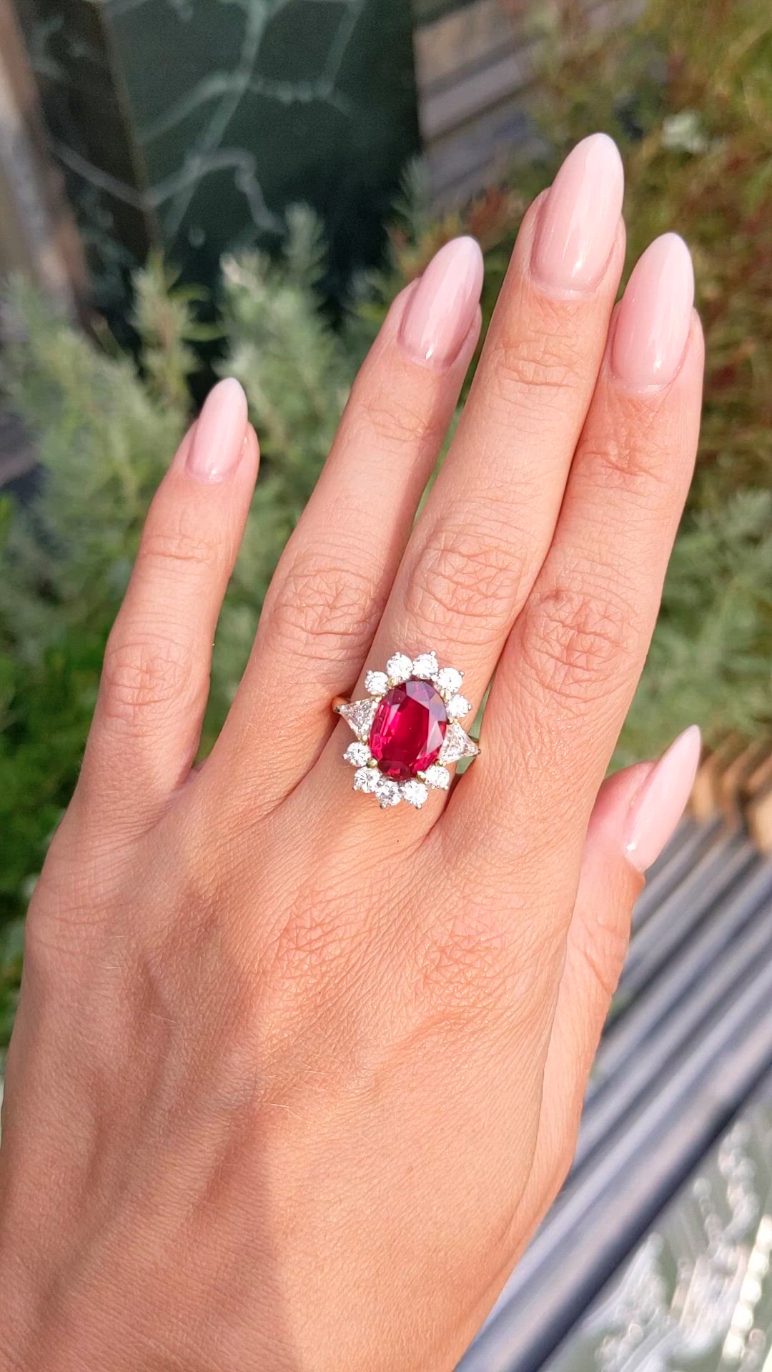 4.00 Ct. Ruby and Natural Diamond Halo Ring, 18K Yellow Gold Size Video