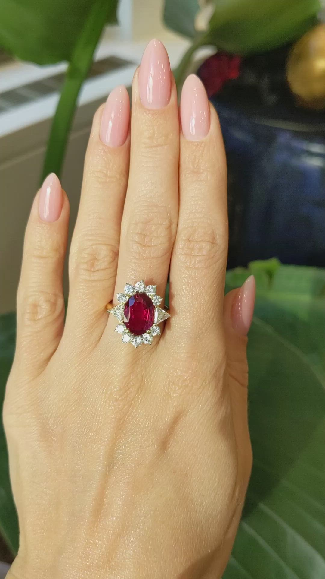 4.00 Ct. Ruby Natural Diamond Halo Ring, 18K Yellow Gold Size Video
