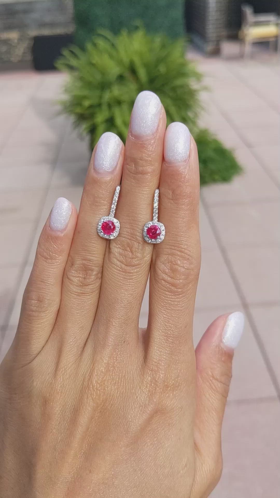 0.95 Ct.Tw. Ruby Natural Diamond Pave Earrings, 18K White Gold Size Video