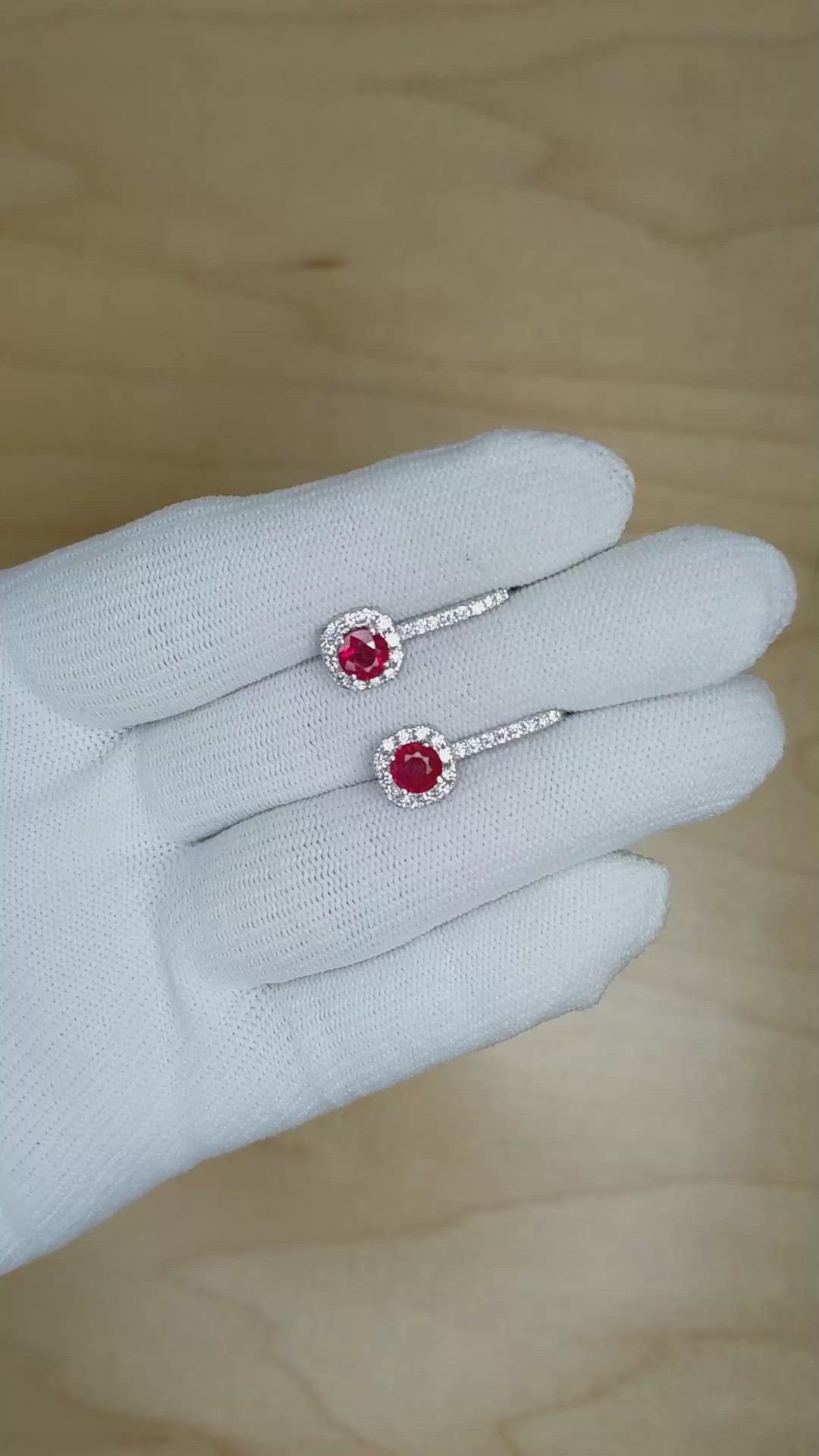 0.95 Ct.Tw. Ruby Natural Diamond Pave Earrings, 18K White Gold Size Video